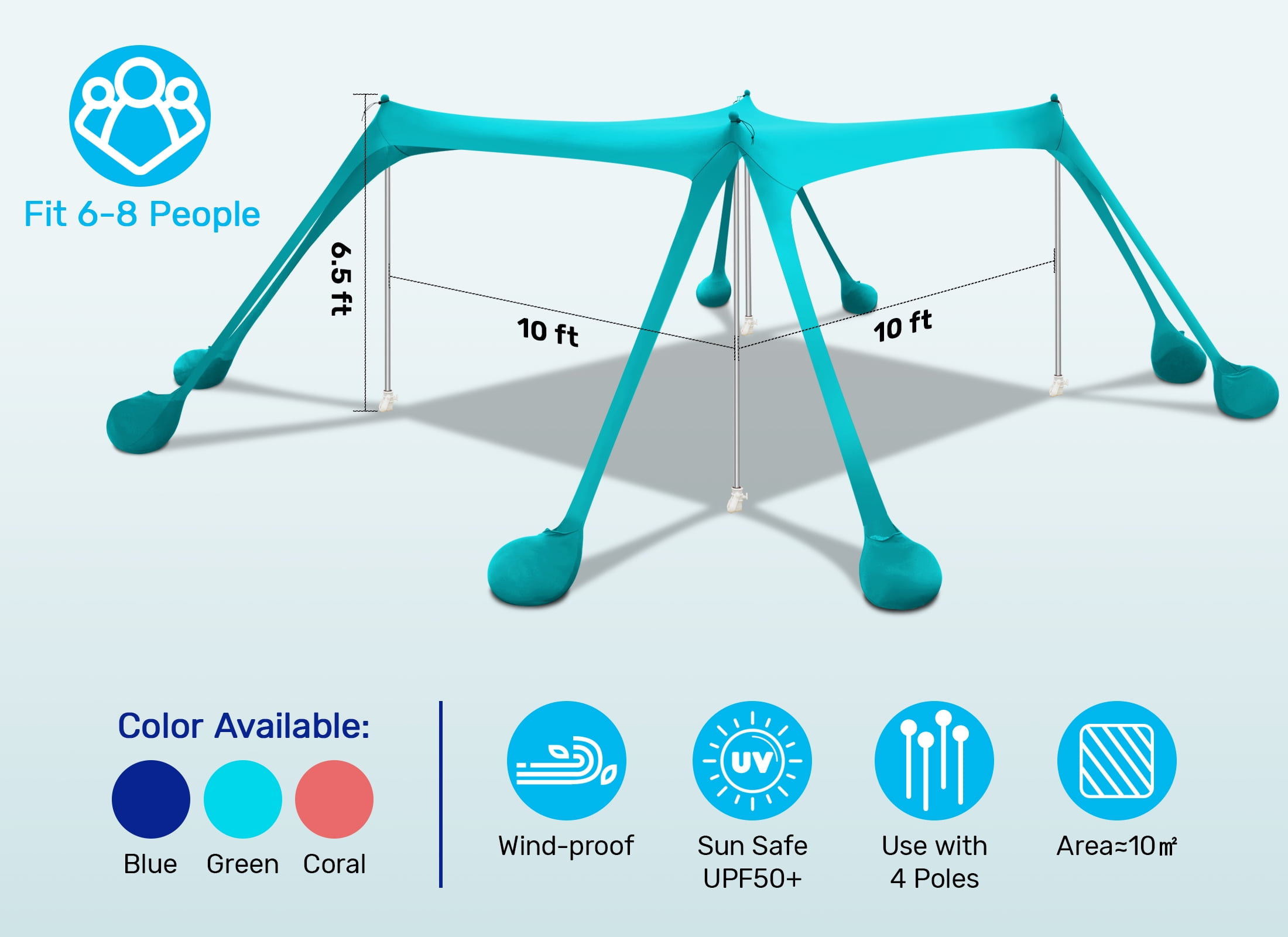 VECUKTY Beach Tent Sun Shelter 10 x 10FT with 8 Sandbags, UPF 50+ Protection Beach Shade Canopy, Outdoor Pop Up Shade Tent Turquoise - Image 12