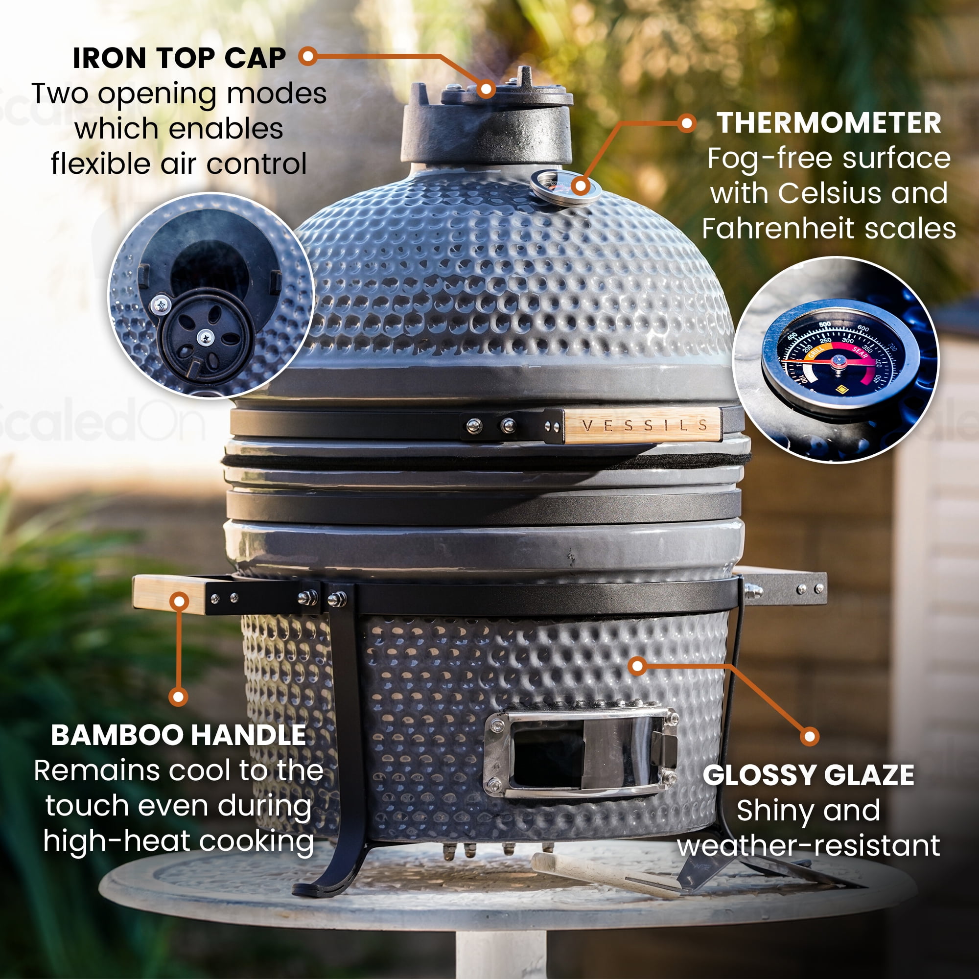 VESSILS Ceramic Charcoal Kamado Grill - Tabletop 5-in-1 Charcoal BBQ Smoker - 12.6" Stainless Steel Grid - Egg Shaped Ceramic Outdoor Heavy Duty Char Broil Barbecue Grill for Smoking, Grilling, Baking - Image 3