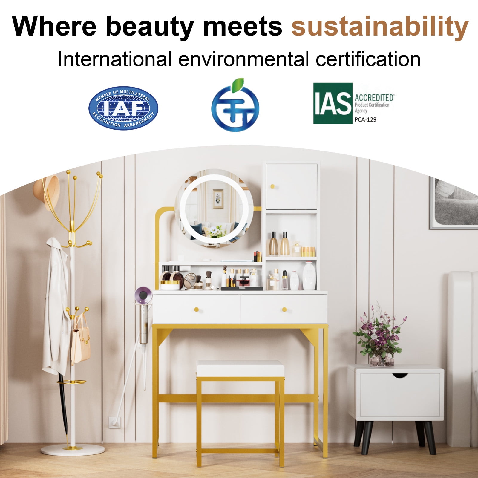 VIPLIVE Vanity Desk with LED Mirror & Power Strip, Bedroom Makeup Table with 2 Drawers, Hair Dryer Rack and Stool, White - Image 6