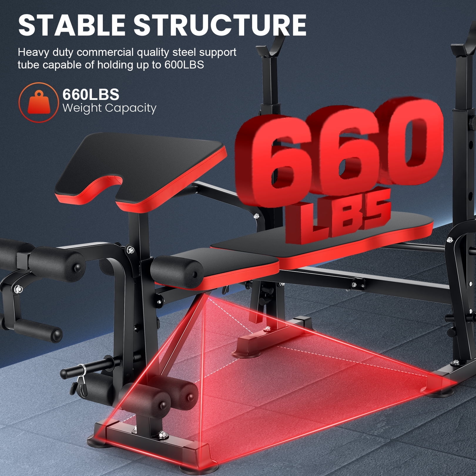 VIBESPARK 6-in-1 Adjustable Weight Bench, 660lbs Foldable Workout Bench Set with Barbell Rack & Leg Developer & Preacher Curl Rack, Multi-Function Strength Training Bench Press Exercise Equipment - Image 4