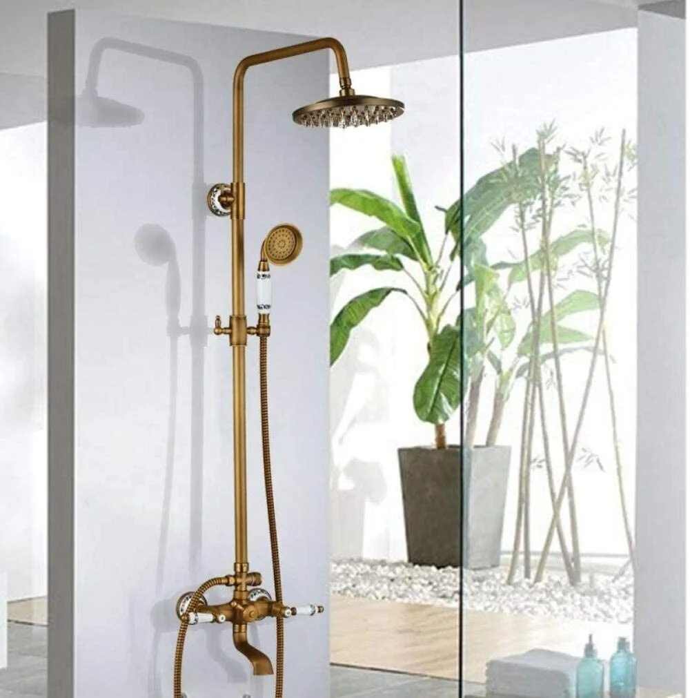 Zovajonia Shower Fixture Antique Brass 8"Rainfall Shower Faucet System Set Mixer Fixture Exposed Tap - Image 7