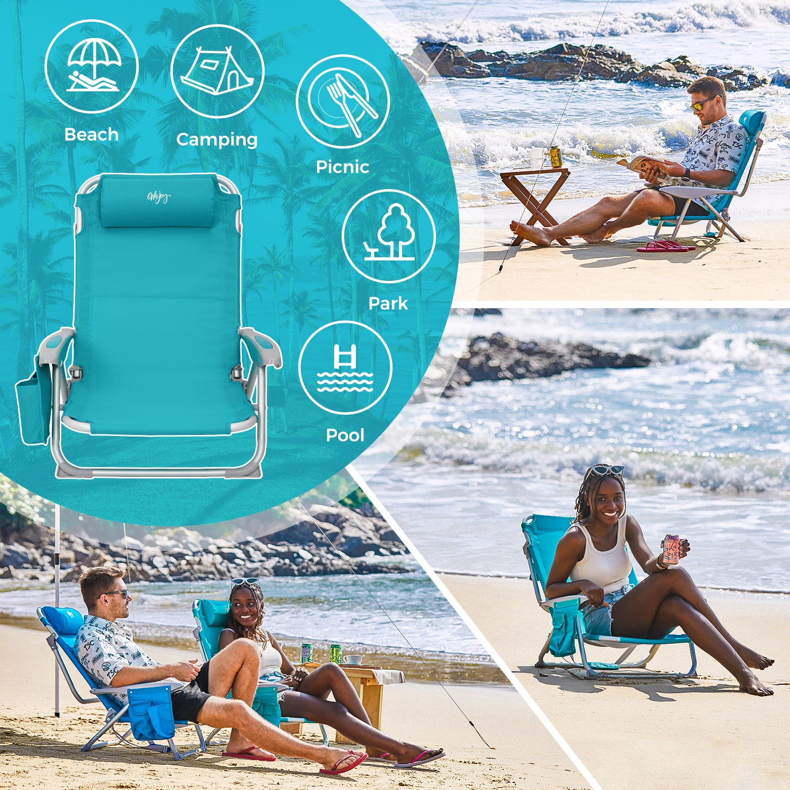 #WEJOY 2PCS Backpack Beach Chair, 4-Position Adjustable Folding Chair, Aluminum Folding Beach Chair, Low Camping Chair for Adults with Headrest, Cup Holder, Towel Rack, Max Load 265 lbs - Image 8