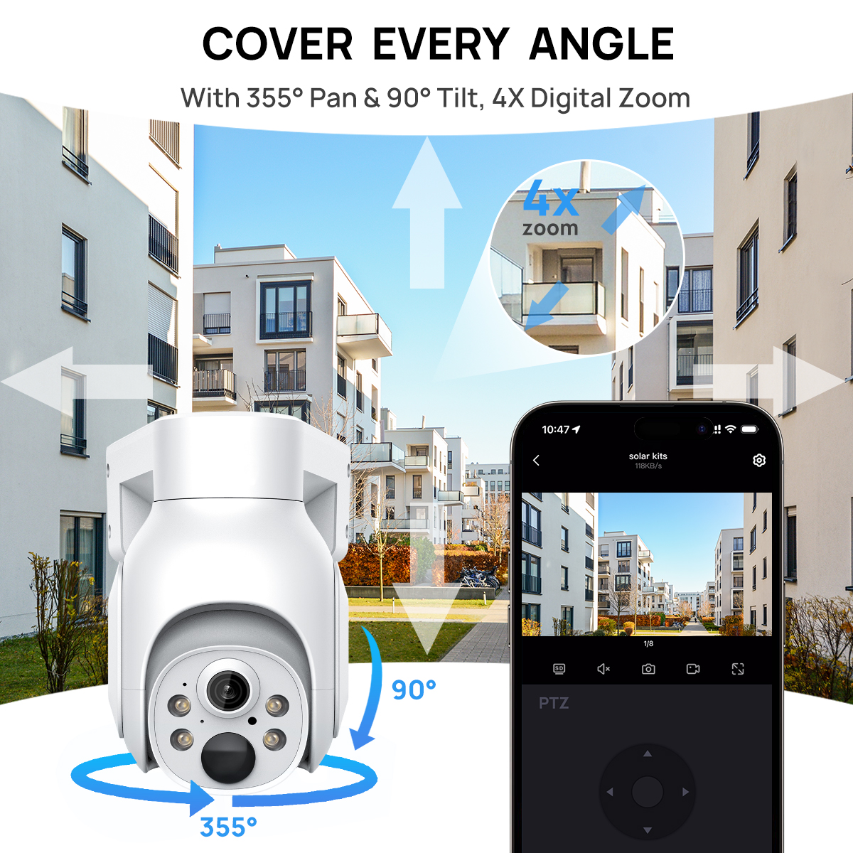 VIKVIZ WiFi PTZ IP Camera Kit HDD 4MP 10CH NVR System with Solar Panels, White, 2 Pack - Image 7