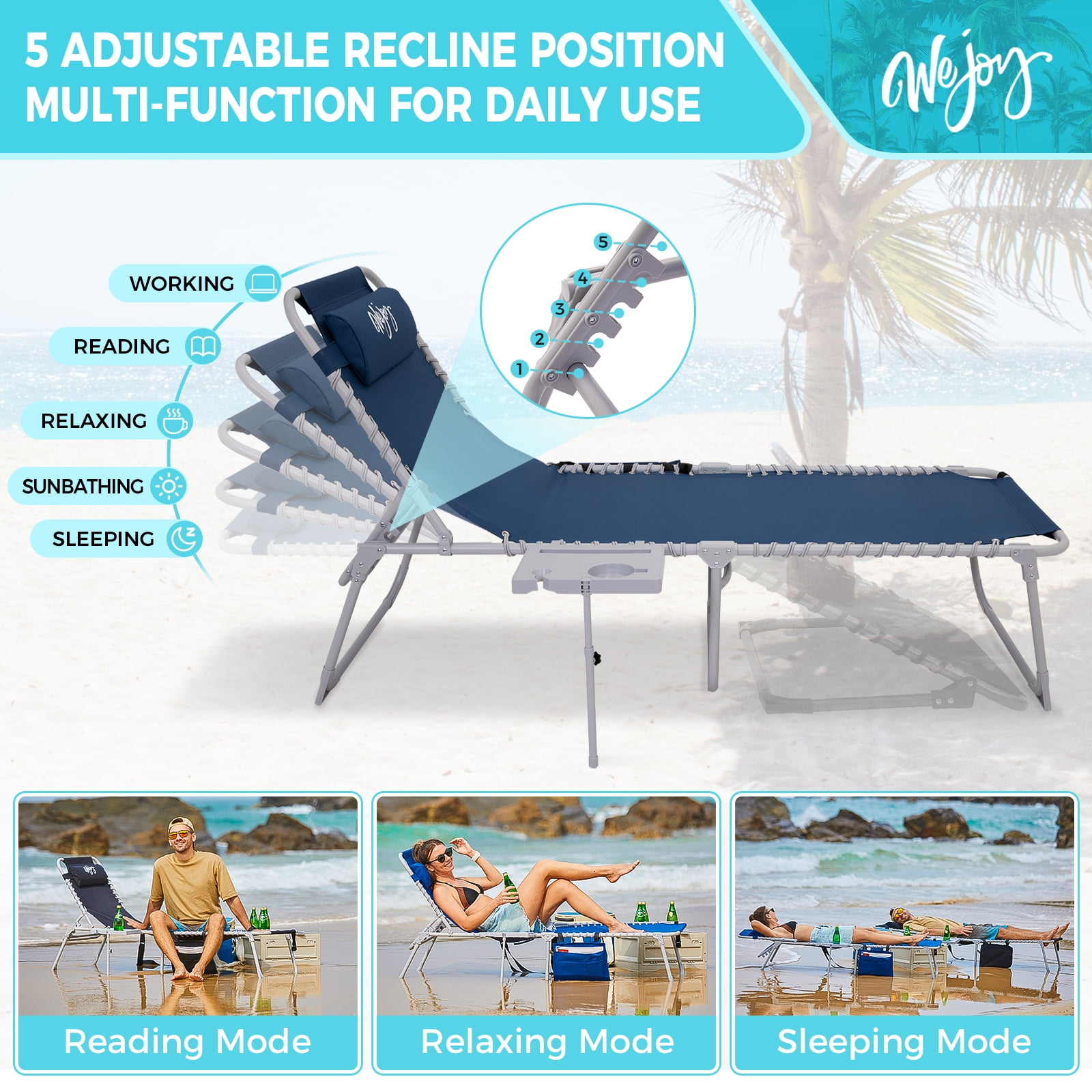#WEJOY Folding Chaise Lounge, Portable Tanning Chair, 5-Positions Adjustable Beach Chair with Side Table & Pillow & Detachable Pocket, Max Load 264 lbs - Image 6