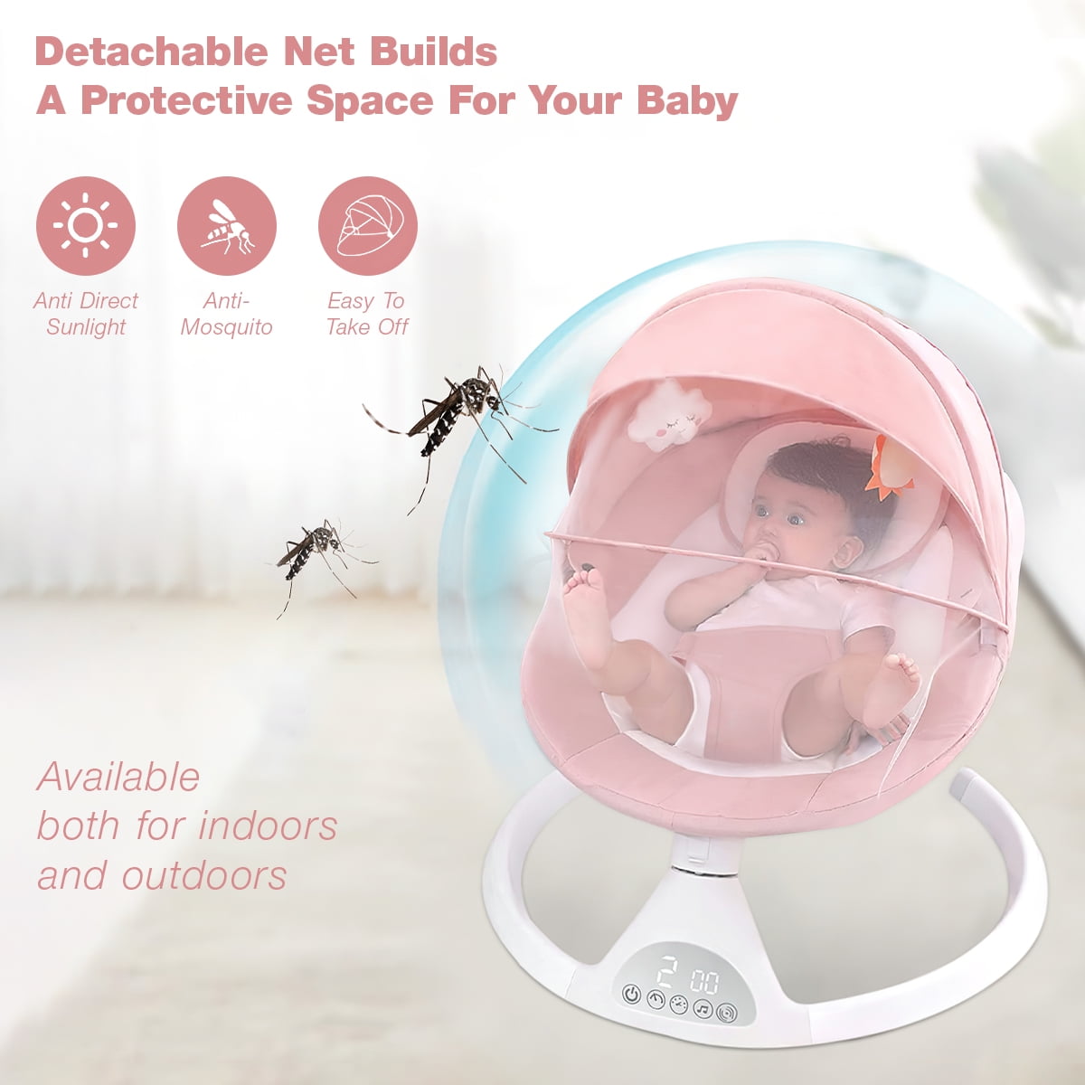 Yadala Electric Baby Swing, Portable Baby Swing for Infants Bouncer for Boy Girl with Bluetooth, Remote Control, 5 Speeds, 10 Music Pink - Image 5