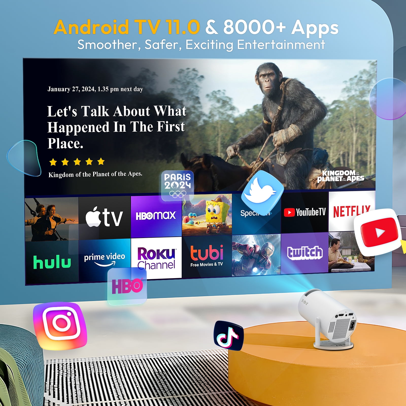 XGODY HY300 Mini Portable Projector with Wifi and Bluetooth,Projector 4K 1080P Support Built-in Android 11.0 OS Compatible for Laptop, PC, Smartphone,180 Degree Rotation Screen Adjustment - Image 6