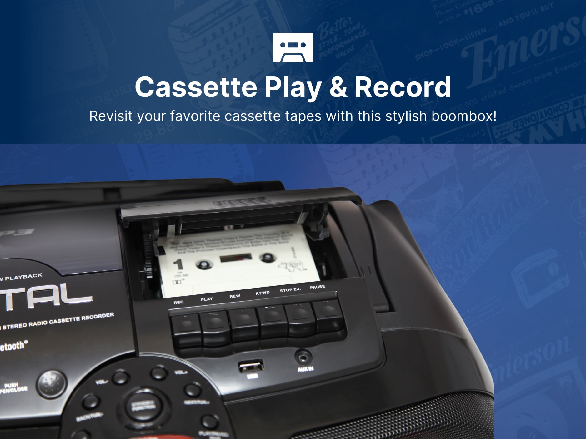 Emerson EPB-3002 Portable Bluetooth, MP3/CD AM/FM Stereo Radio Cassette Player/Recorder with Subwoofer and USB Input Boombox, Black - Image 11