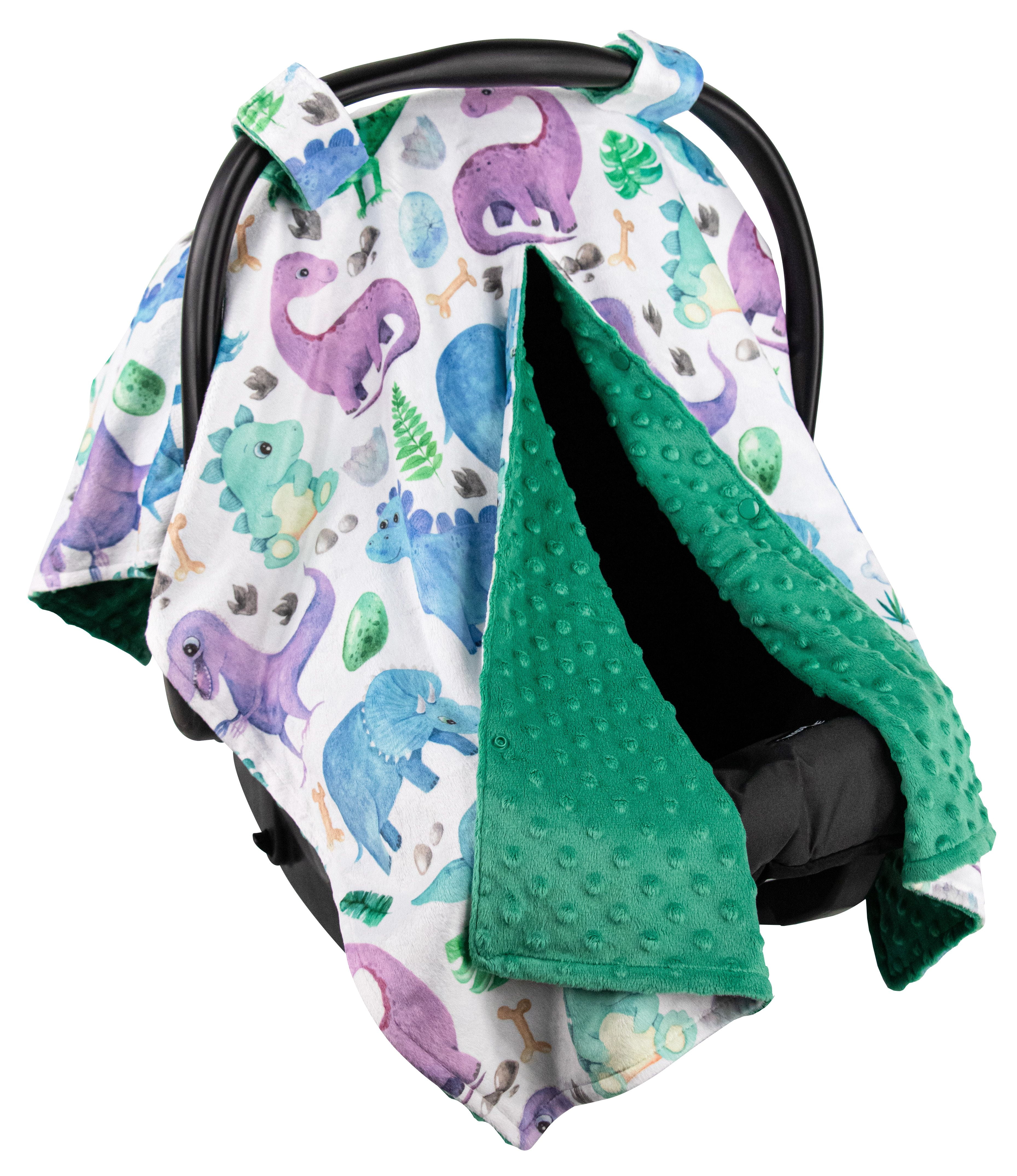 Top Tots Deluxe Minky Car Seat Canopy for Infant, Blue Toned Dinosaur, Unisex