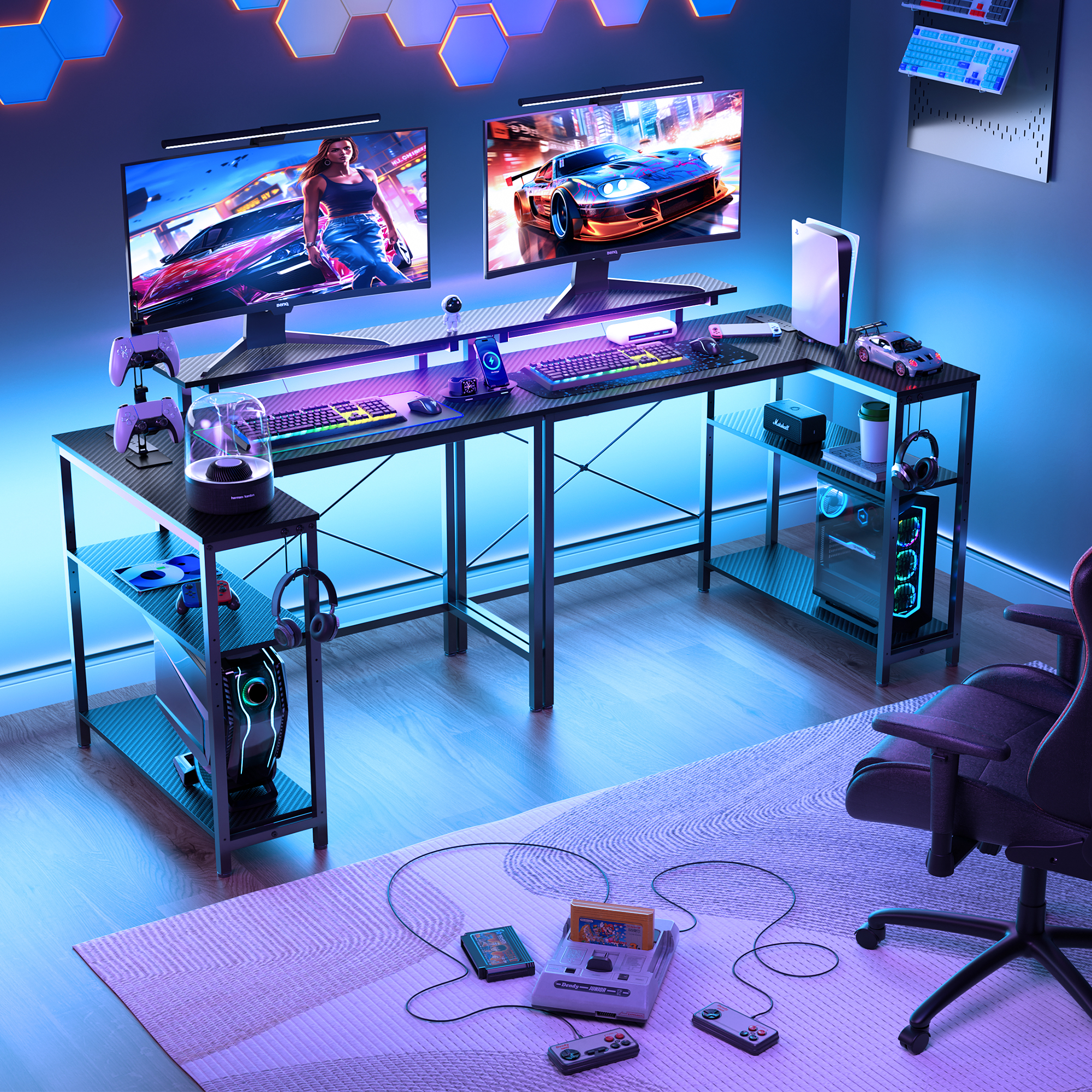 Eunon 42" Gaming Desk with LED Lights Small L Shaped Desk with Power Outlets Monitor Stand Corner Computer Desk,Black Carbon Fiber - Image 7