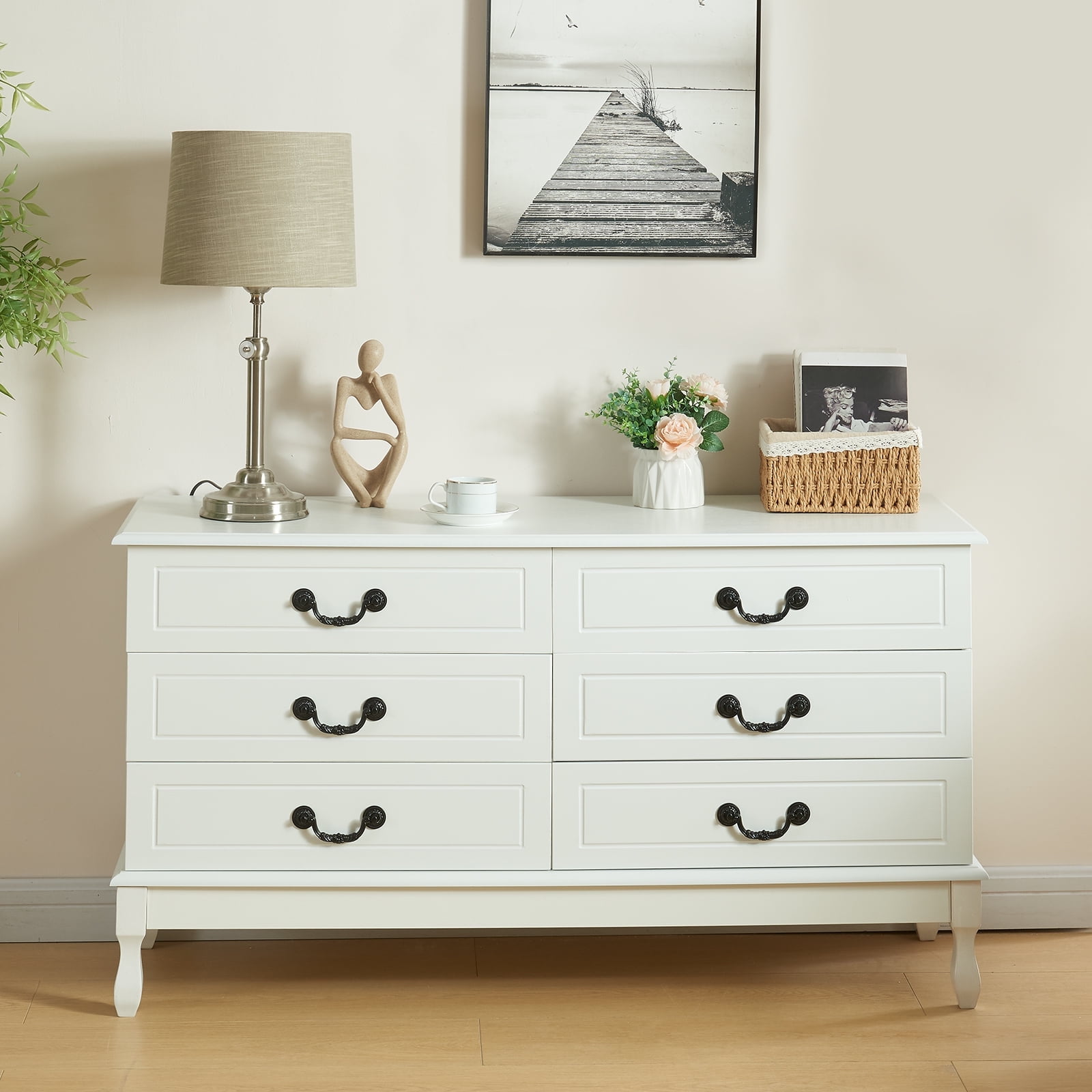 Yamissi 6-Drawer Double Dresser for Bedroom, Modern White Dresser w/ Metal Handles, Chest of Drawers Storage - Image 6