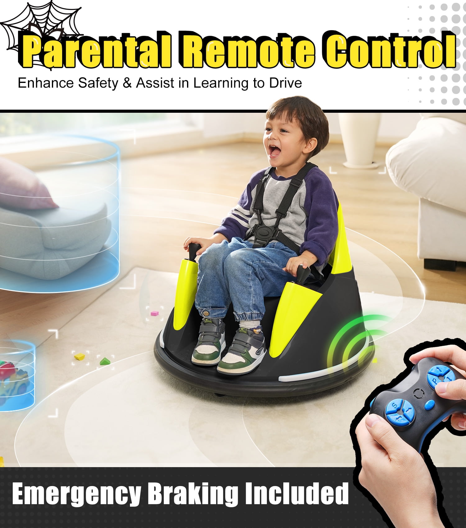 12V bumper car with remote control, Flashing lights, Music & DIY stickers for kids & toddlers - Image 3