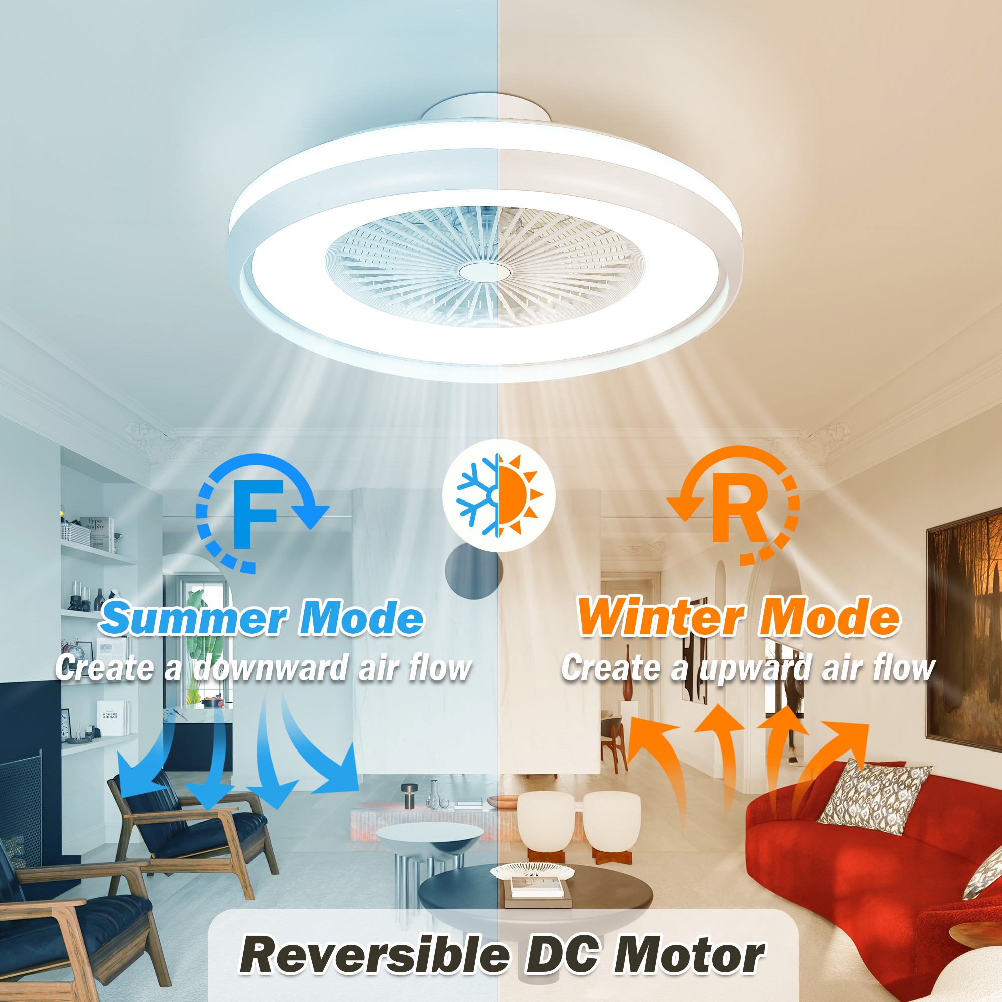 24" Ceiling Fans with RGB Light, Voice/App/Remote Control, Smart Dimmable Bladeless LED Fan Light - Image 10