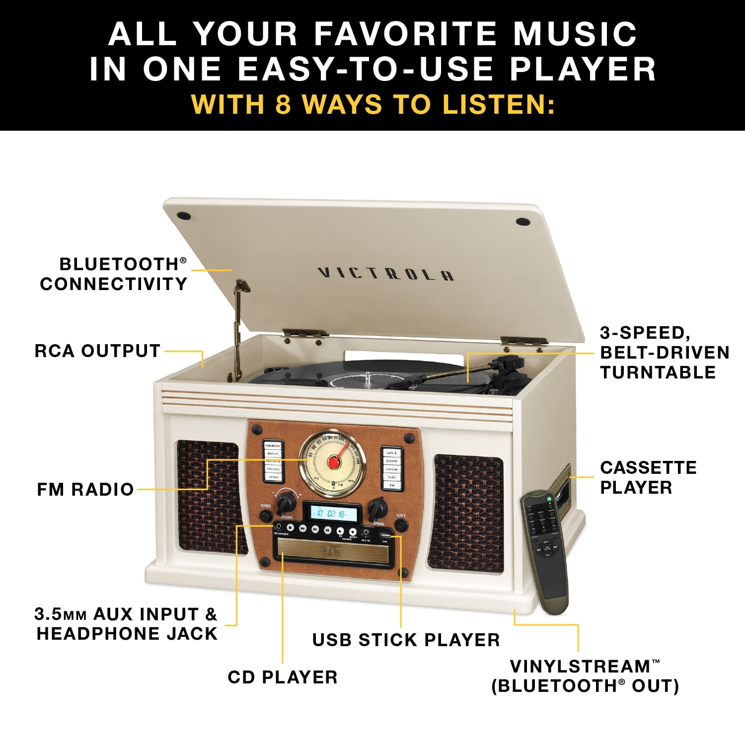 Victrola 8-in-1 Navigator Bluetooth Record Player & Multimedia Center, Built-in Stereo Speakers - Turntable, Wireless Music Streaming - Image 7