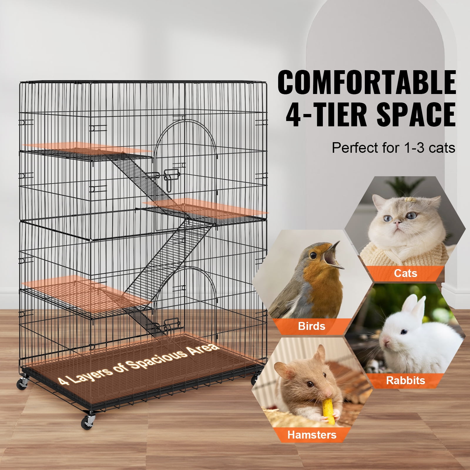 VEVOR Catio, 4-Tier Large Cat Cages Indoor, Detachable Metal Playpen Enclosure with 360 Rotating Casters, with 3 Ladders and a Hammock for 1-3 Cats, 35.4x23.6x51 inch - Image 7