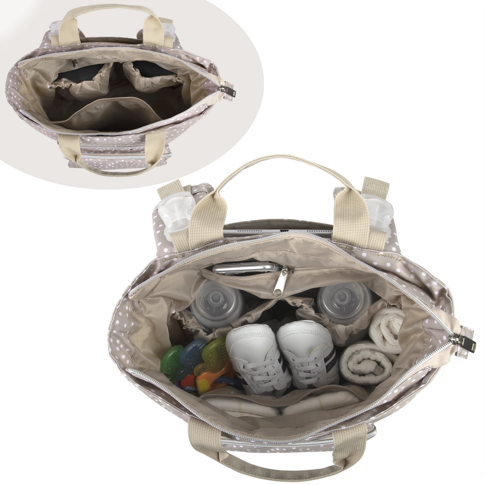 Jessica Simpson Taupe Line Quilted Multi-Pocket Fashion Diaper Bag Tote and Backpack in Dots with Magnetic Front Baby Wipe Pocket, Matching 3-Ply Folding Baby Changing Pad - Image 7