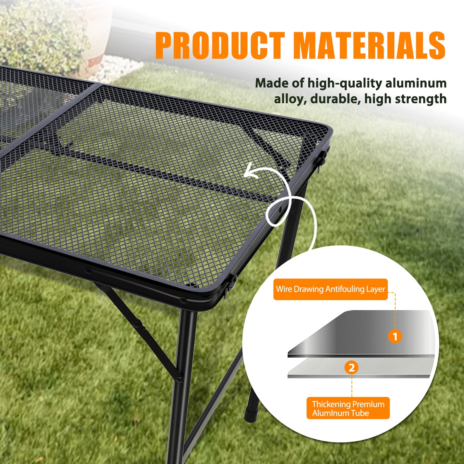 Folding Grill Table, Camping Table with Adjustable Height, Large Storage Bag and Carrying Bag, Portable Aluminum Table for Indoor & Outdoor Picnic BBQ Backyards Beach - Image 16
