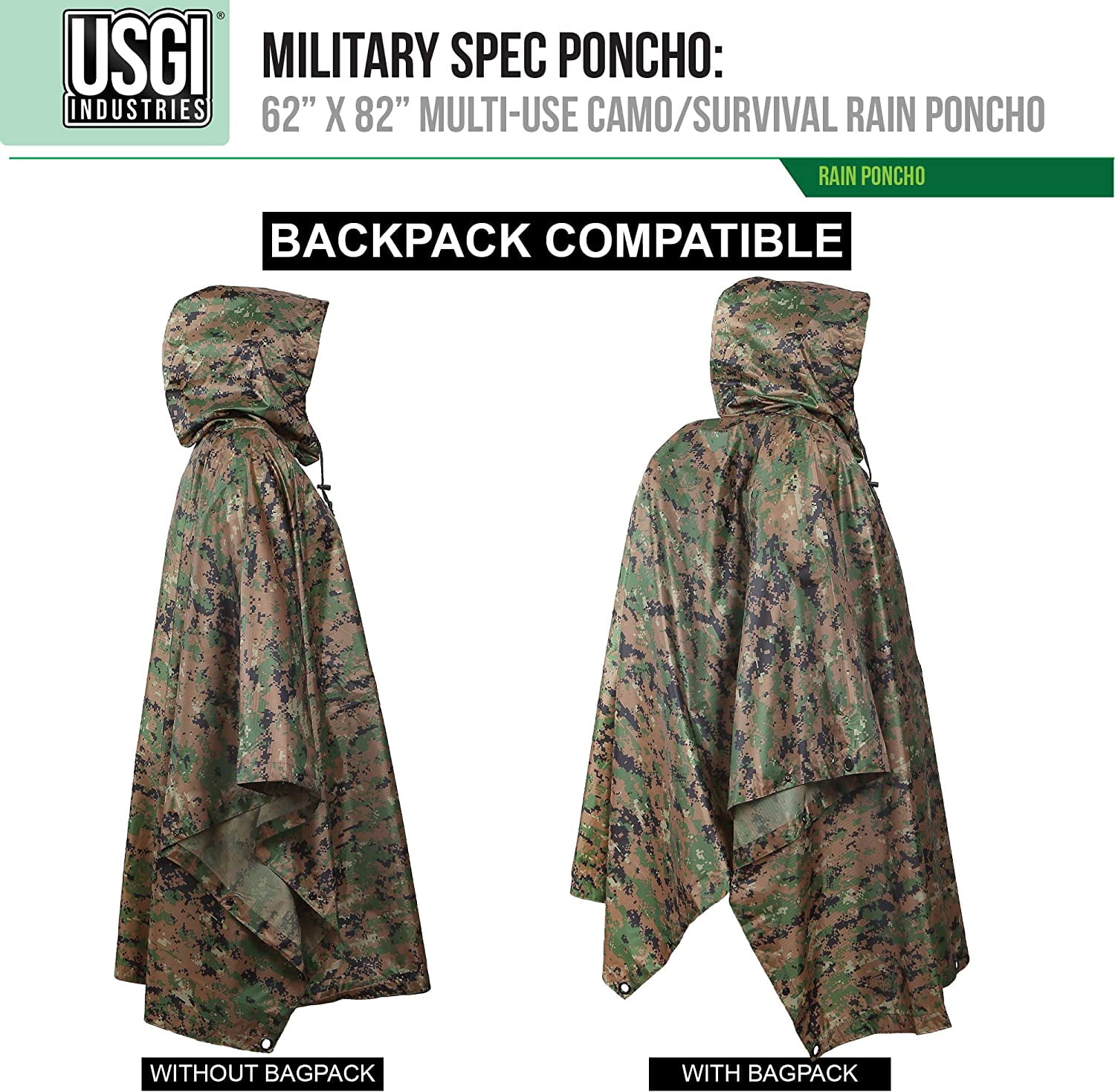 USGI Industries Military Style Poncho - Emergency Tent, Shelter, Survival - Multi Use Rip Stop Camouflage Rain Poncho - Image 4