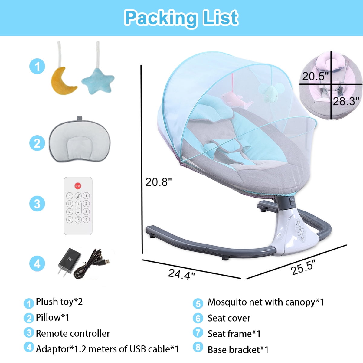 BEJOLO Electric Baby Swing for Infants, Portable Baby Bouncer with Remote Control,bluetooth Music, Blue - Image 7