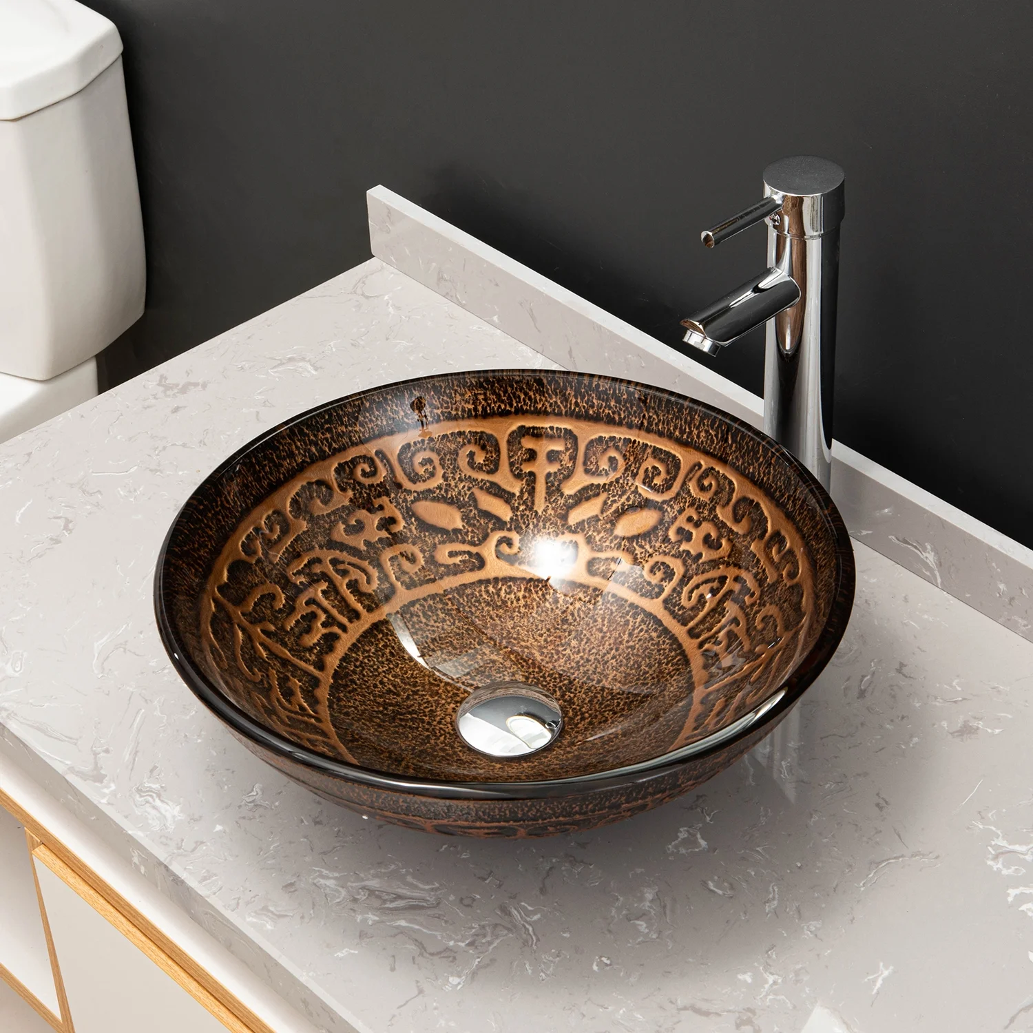 Vinnova Enna 16.5in Antique Bronze Finish Glass Round Over-Mounted Bathroom Vanity Vessel Sink Bowl - Image 3