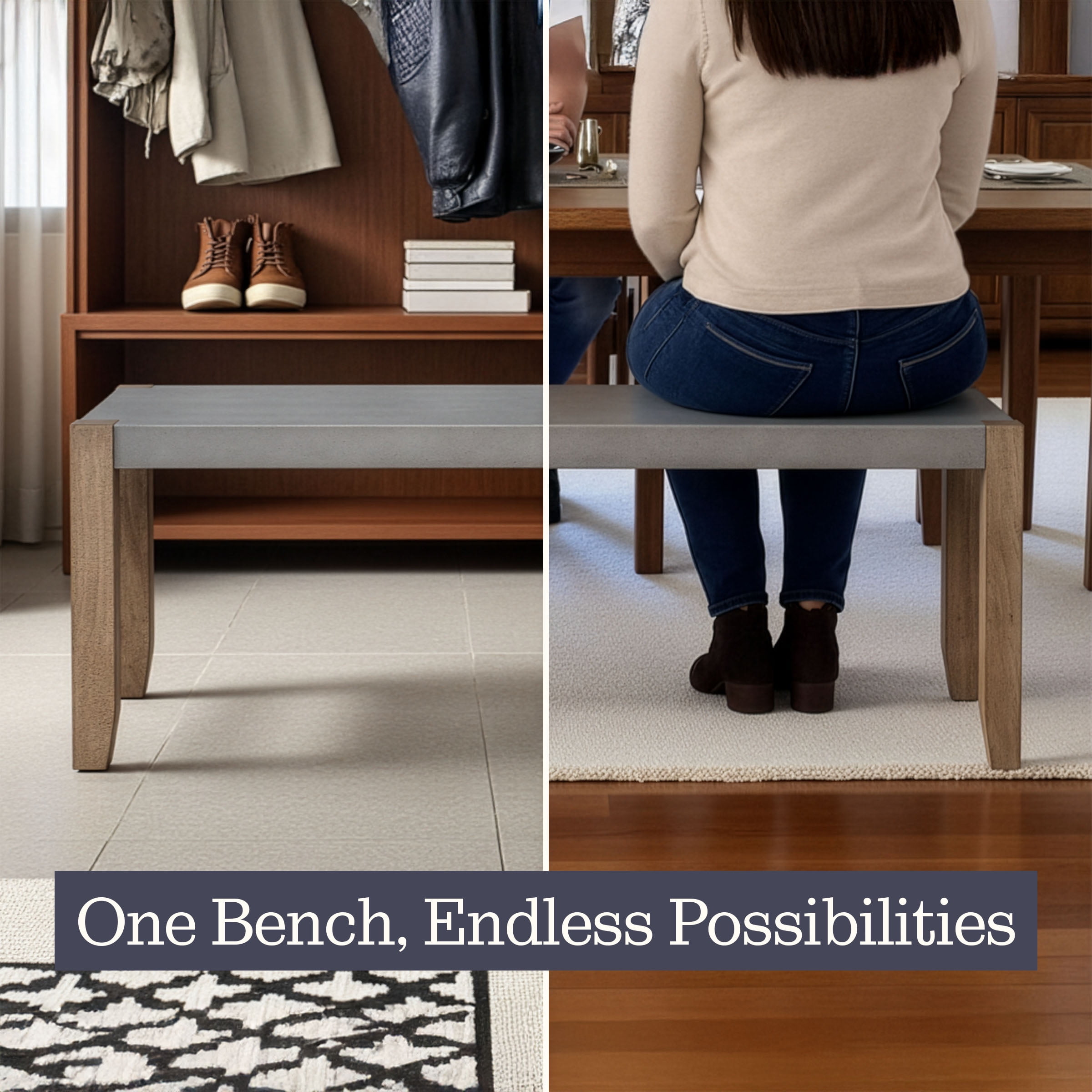 Alaterre Furniture Newport Bench with Faux Concrete Seat and Wood Legs - 40 Inch Entryway Bench with Rustic Industrial Design - Benches for Bedroom, Living Room, Dining Room, and Mudroom - Image 6