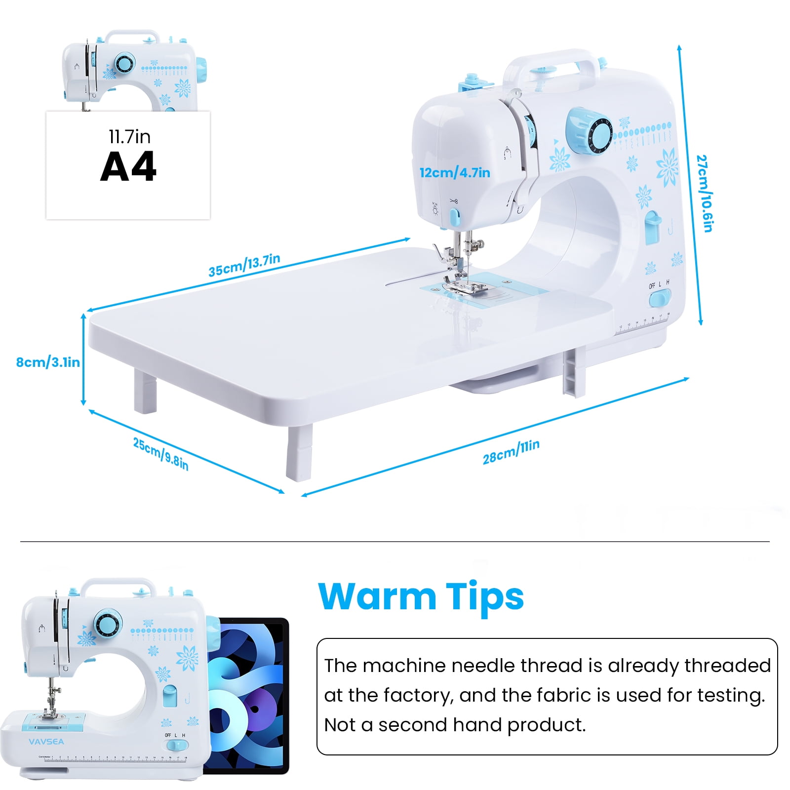 VAVSEA Sewing Machine with Extension Table, Dual Speed Portable Sewing Machine with Accessory Kit, 12 Built-in Stitches, Sewing Kit for Household Use, Perfect for Beginners, Blue - Image 9