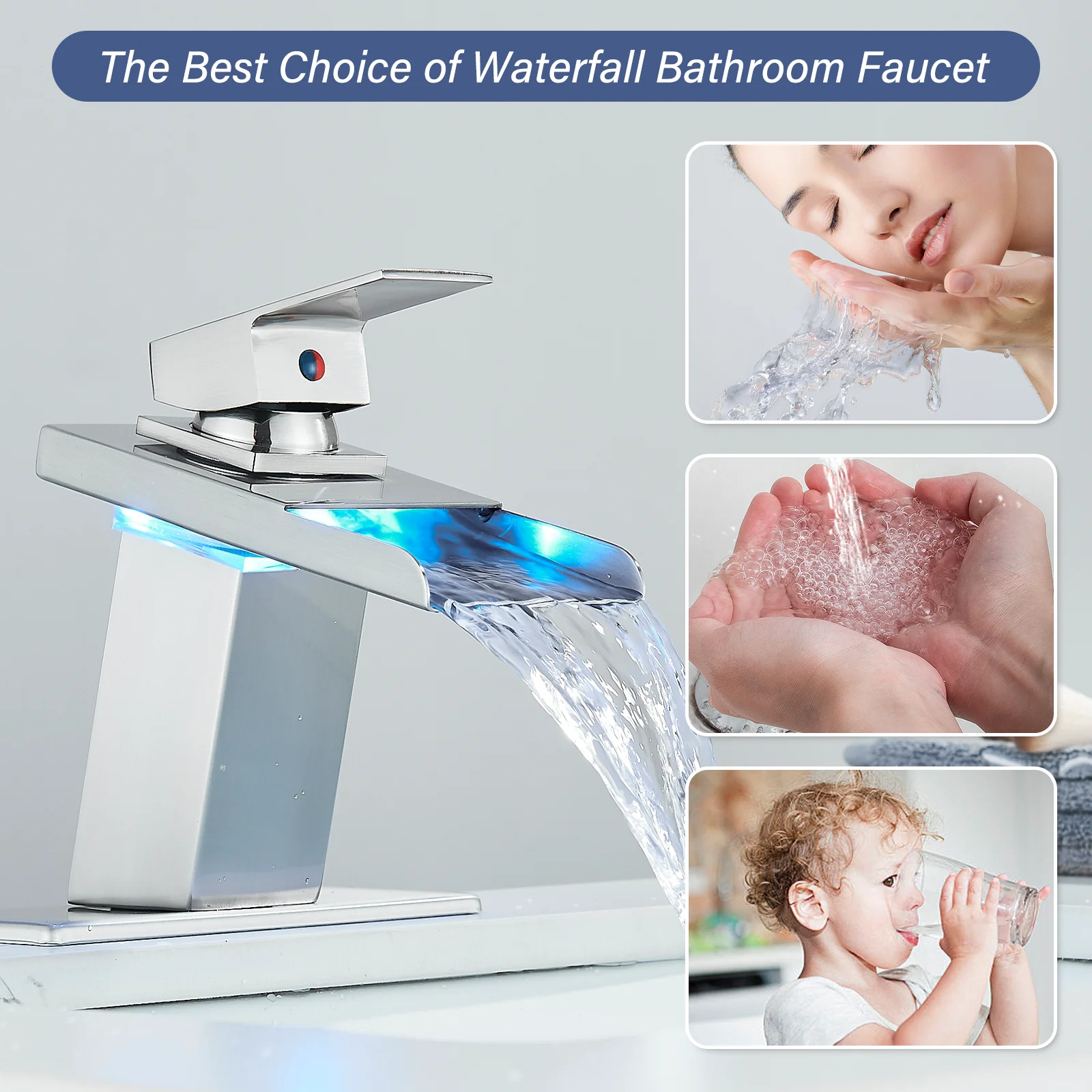 Zovajonia LED Waterfall Bathroom Faucet Brushed Nickel Single Handle Basin Sink Mixer Tap - Image 4