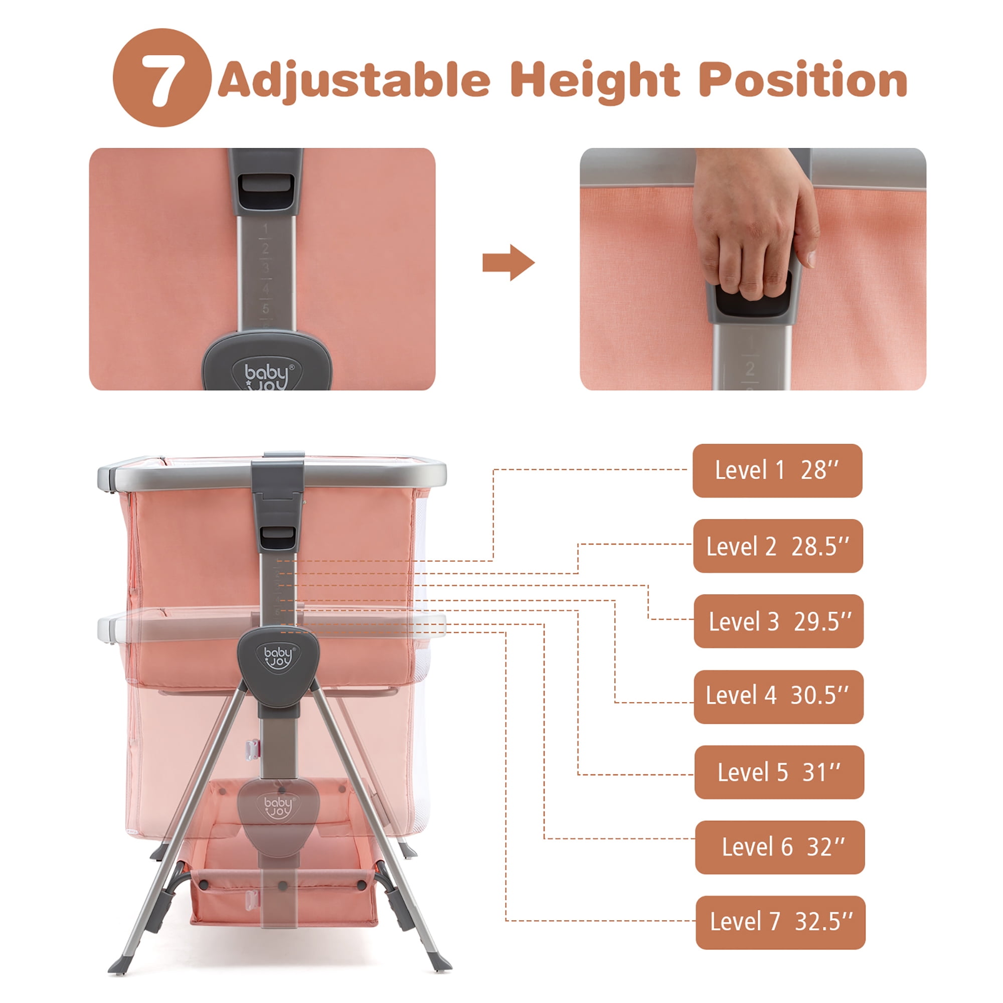 Costway Bed Side Crib Portable Adjustable Baby Infant Travel Sleeper Bassinet Peach - Image 9