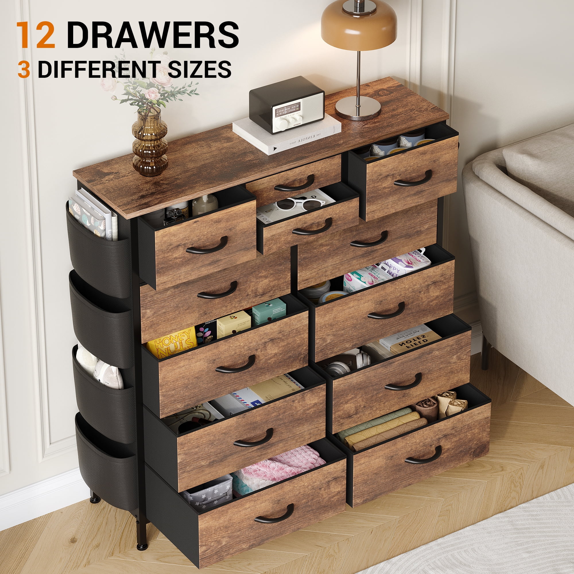 Aowos 12 Drawer Fabric Dresser for Bedroom, Chest of Drawer Organizer Storage Cabinet for Closet, Entryway, Brown - Image 3