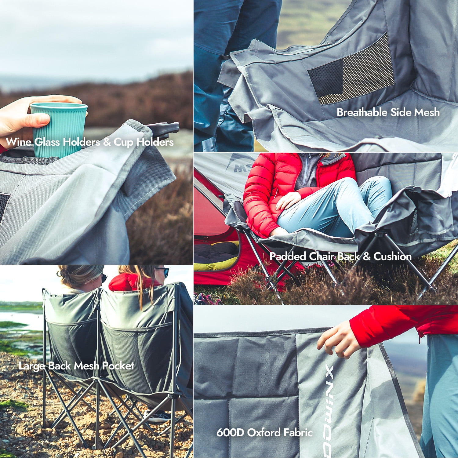 Dowinx Double Camping Chair Loveseat, Portable Folding Outdoor Lawn Chair with Padded Seats, Armrests, Side Pockets, 440lbs Capacity for Beach, Patio, Picnic - Gray PRO - Image 3