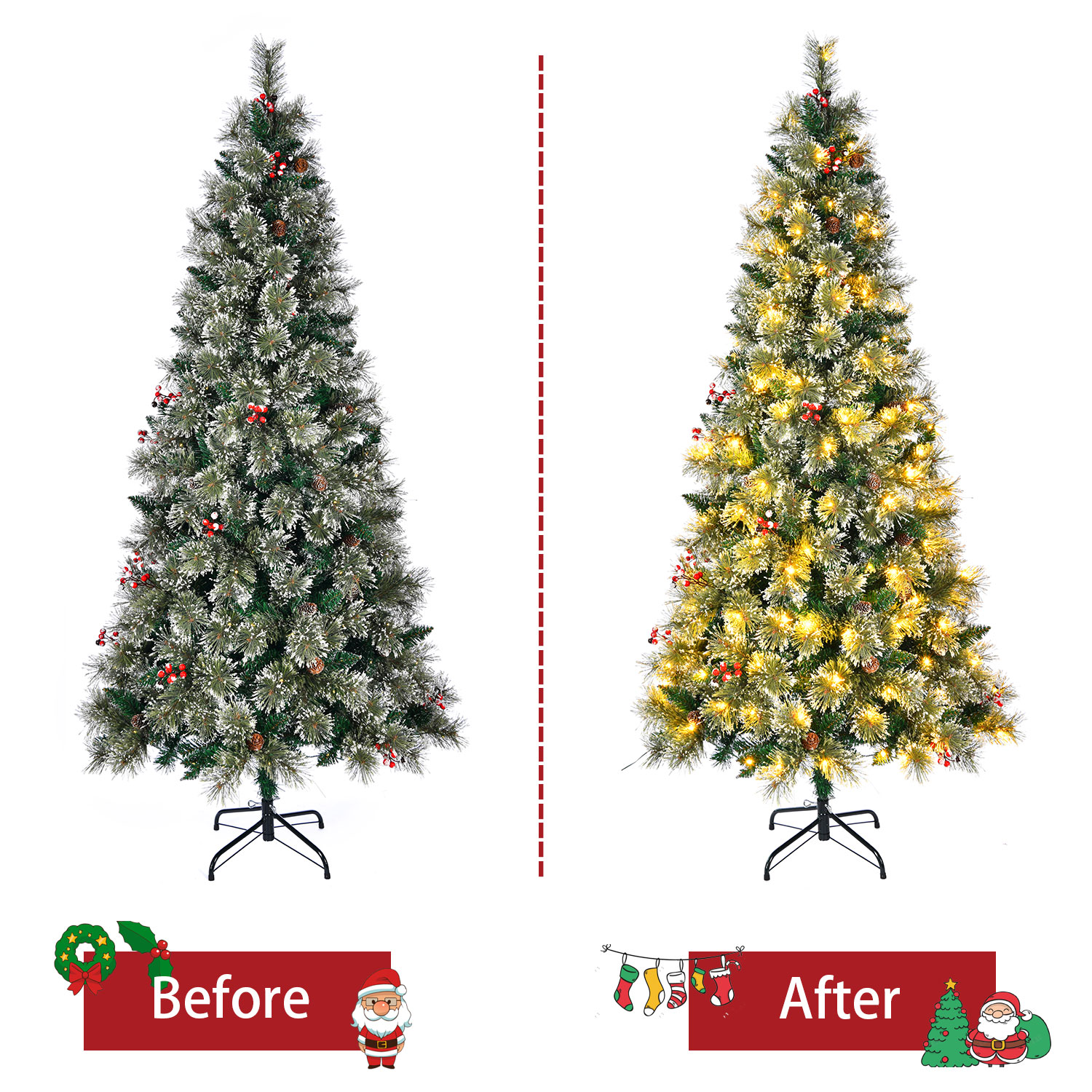 SUGIFT 6.5ft Premium Christmas Tree with Flocked Snow Pine Cone Red Trim and 200 Warm White Lights - Image 3