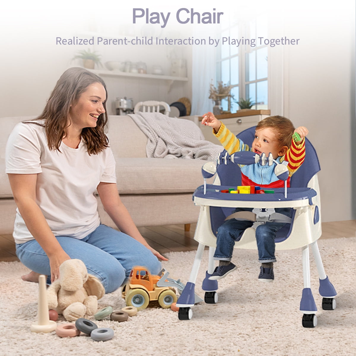 YANAOFFE Baby High Chair 4-in-1 Convertible Baby Highchair with Double-Layer Tray and Toy, Blue - Image 8