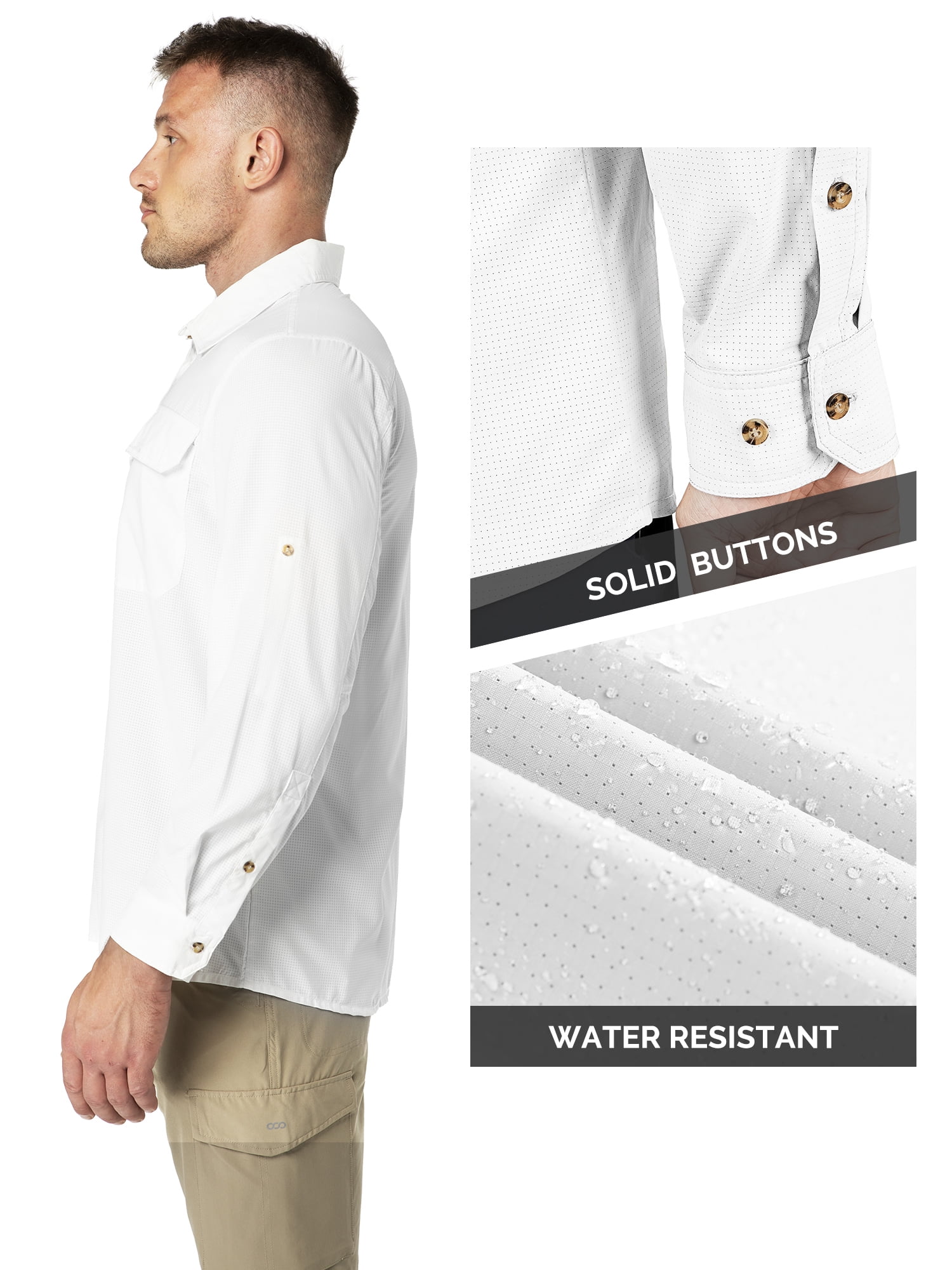 33,000ft Men's Long Sleeve Sun Protection Shirt UPF 50+ UV Quick Dry Cooling Fishing Shirts for Travel Camping Hiking White Large - Image 6