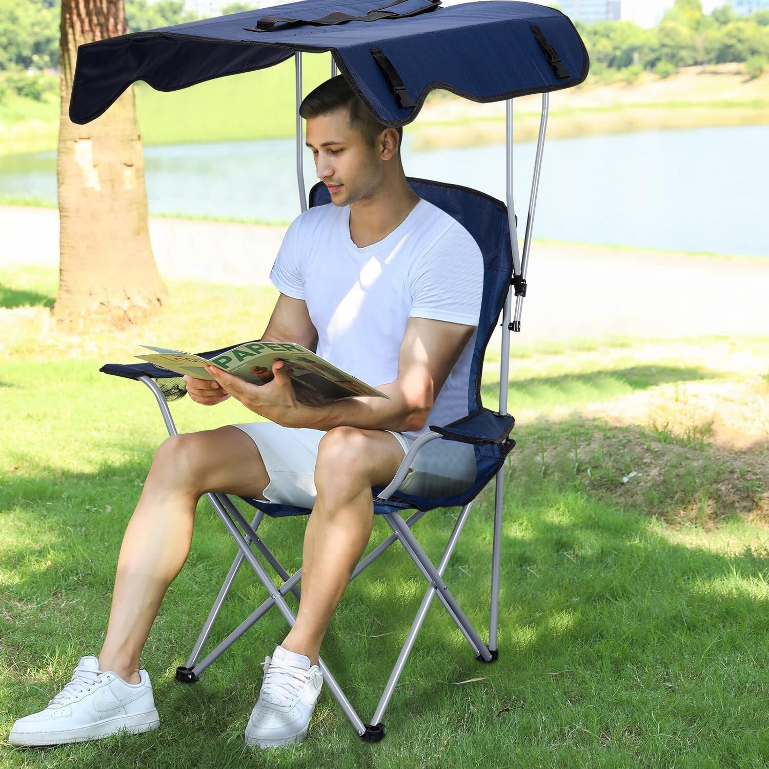 Camping Chair with Shade, Foldable Shade Beach Chair with Cup Holder for Outdoor, Camping, Beach and Patio (Blue) - Image 3