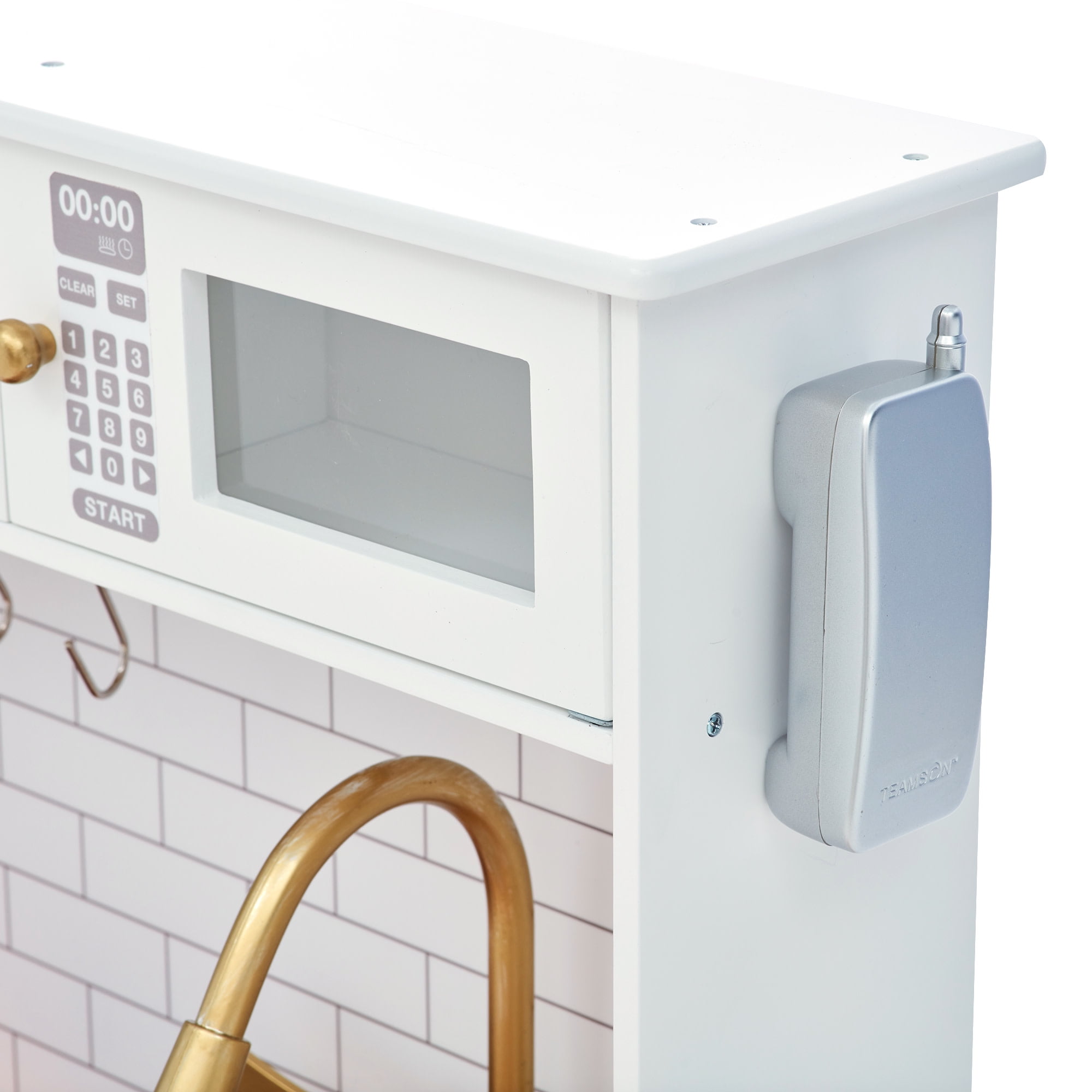 Teamson Kids Little Chef Boston Wooden Play Kitchen, 9 Pcs Acc Set, Oven, ,Sink, Interactive Features, White/Gold - Image 16