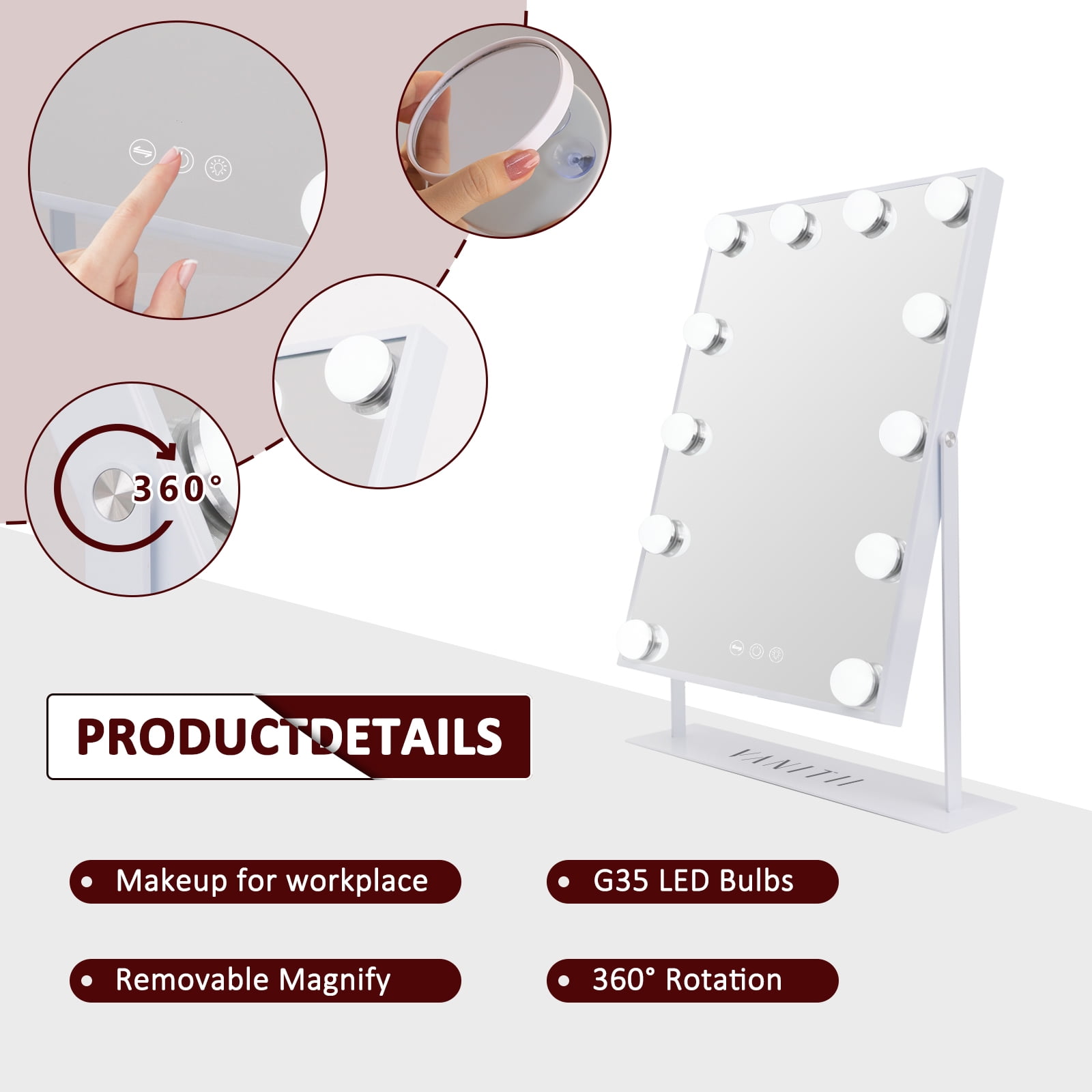 VANITII GLOBAL 14.5" x 18.9" Vanity Makeup Mirror with Lights Tabletop Metal White - Image 7