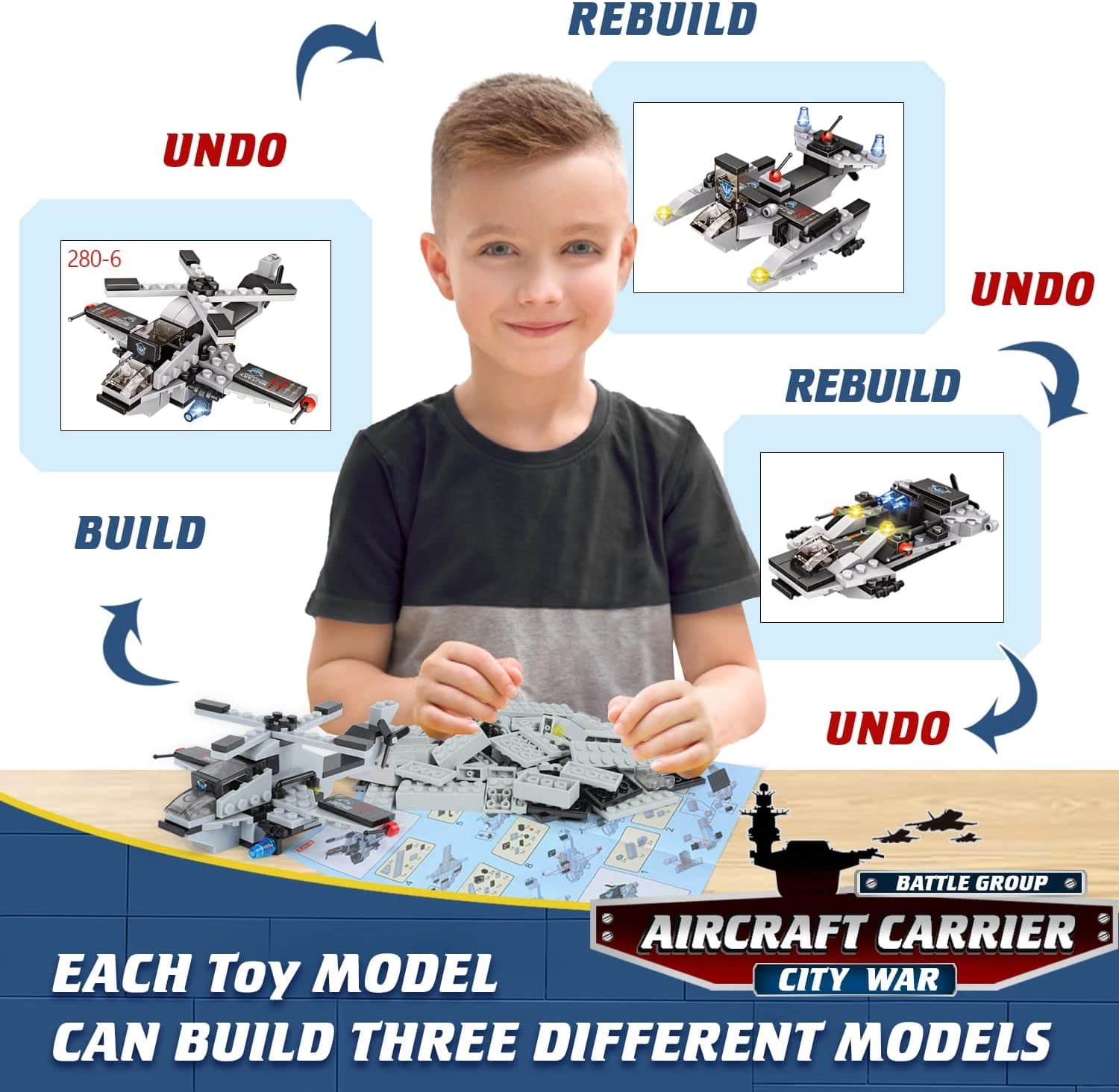 1320 Pieces Aircraft Carrier Building Blocks Set, Military Battleship Model Toy with Army Car, Helicopter & Boat, Military Toys Gift for Kids Boys Girls Age 6-12 - Image 5