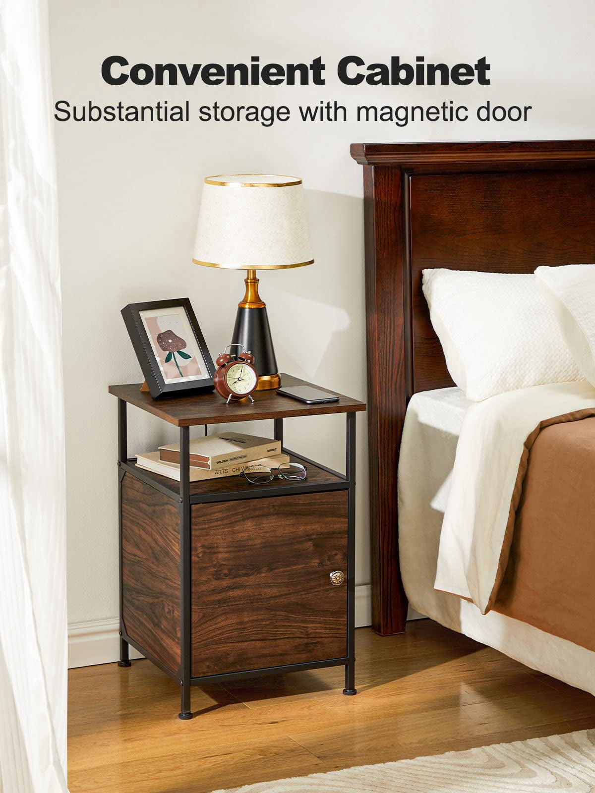 2-Tier Rustic Full Metal Frame Nightstand Table Bedside End Table with Drawer for Livingroom Bedroom - Image 7