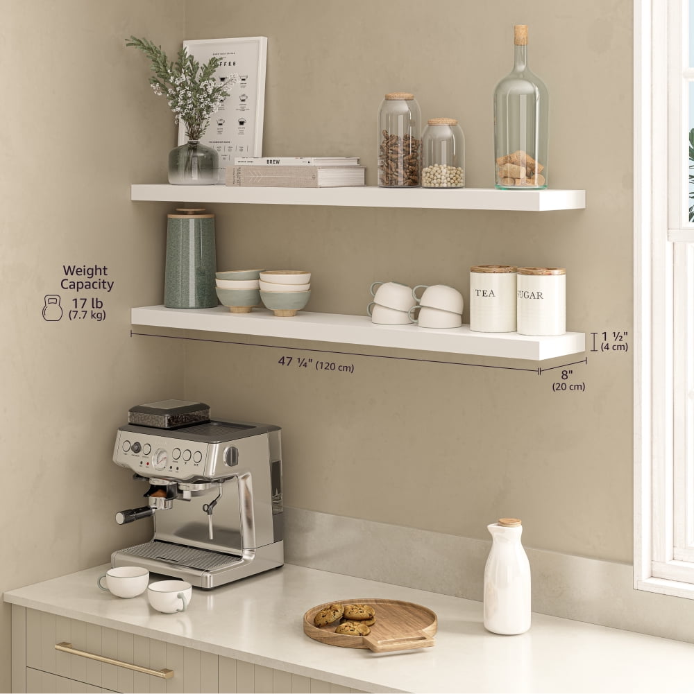 Ballucci 48" Floating Shelves, 2-Pack Wood Wall Shelf Set with Invisible Brackets, 8" Deep, White - Image 4