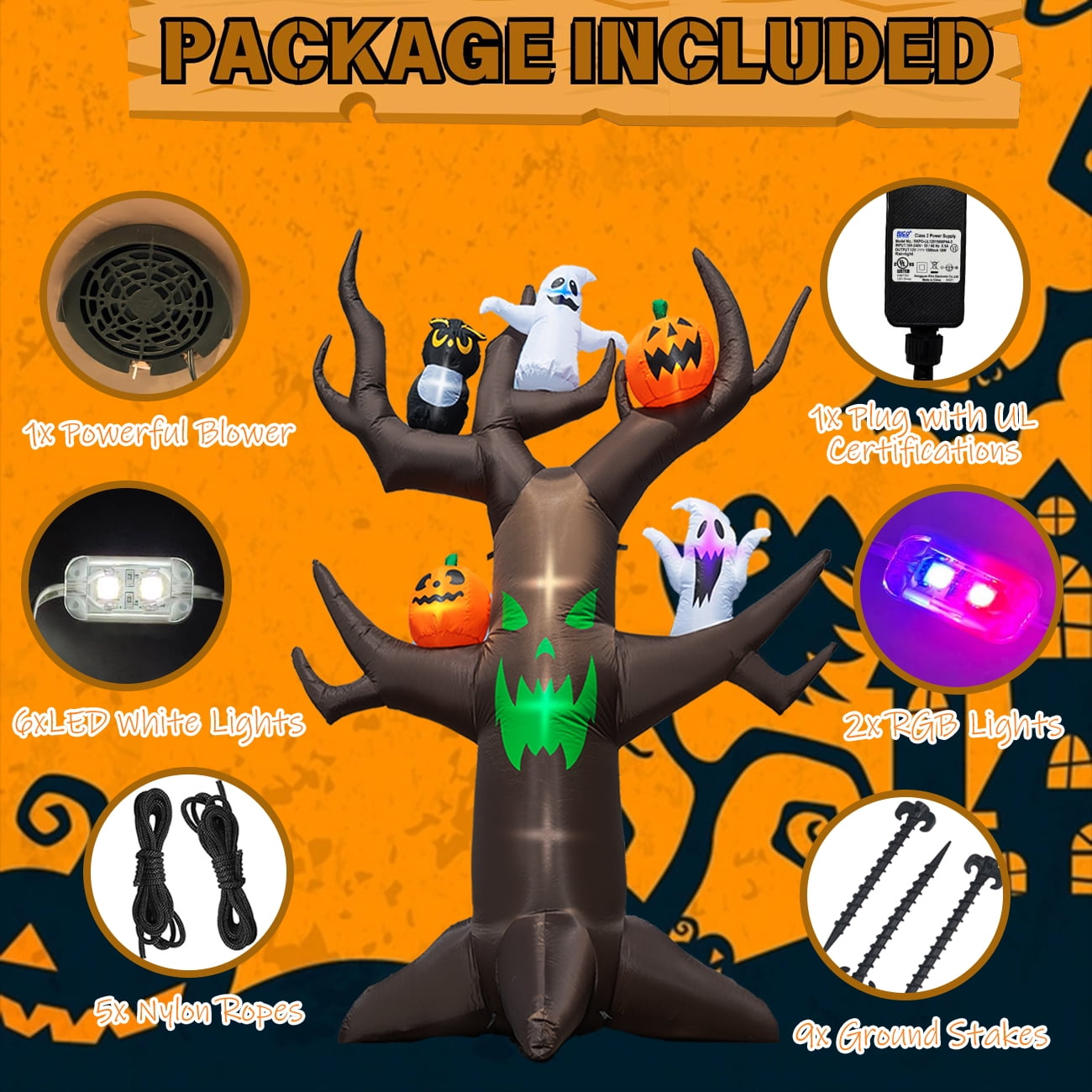 Husfou 9ft Halloween Inflatable Tree Decoration with pumpkin, Ghost, Owl, Blow up Yard Inflatables with Built-in LEDs for Garden Lawn Indoor Party Decor - Image 6