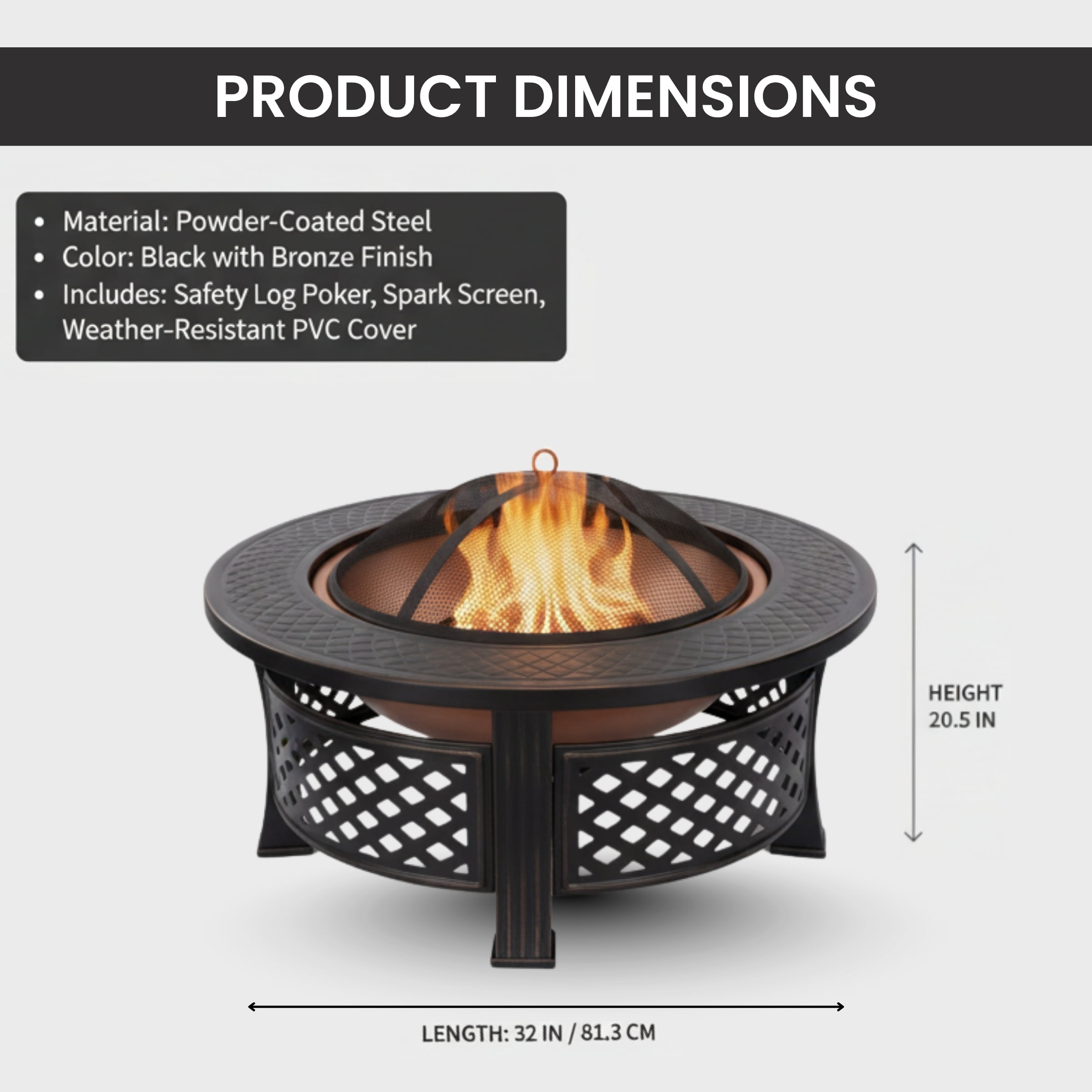 Pure Garden Outdoor Fire Pit – 32” Round Wood Burning Pit with Spark Screen, Poker & Cover, Bronze - Image 8