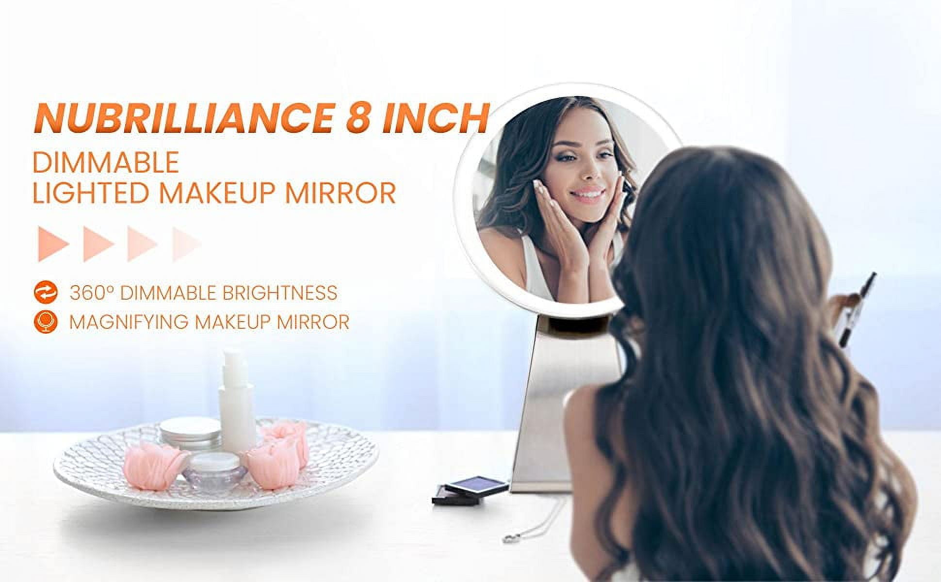NuBrilliance 8” Magnifying Makeup Mirror Cordless USB Rechargeable -5X Magnification with 360° Dimmable Lighting and Touch Control Cosmetic Makeup Mirror - Image 4