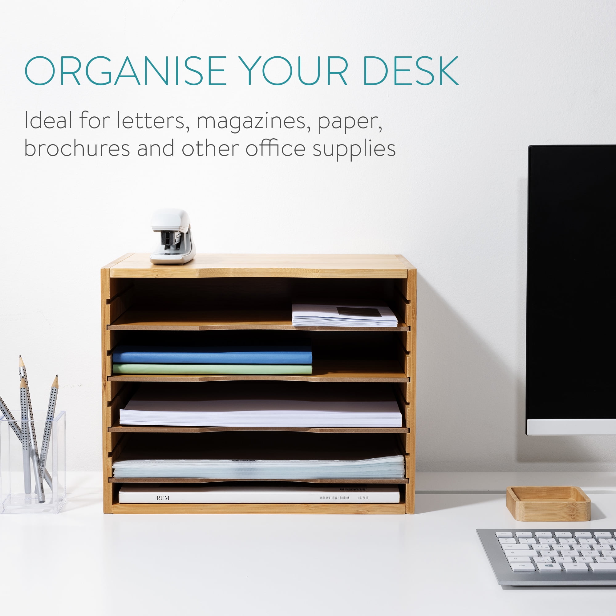 Navaris Bamboo Desk File Organizer - Paper Tray Letter Storage with 4 Adjustable Shelves - Desktop Inbox Trays - 13" Wide x 9.6" Deep x 10.2" High - Image 6