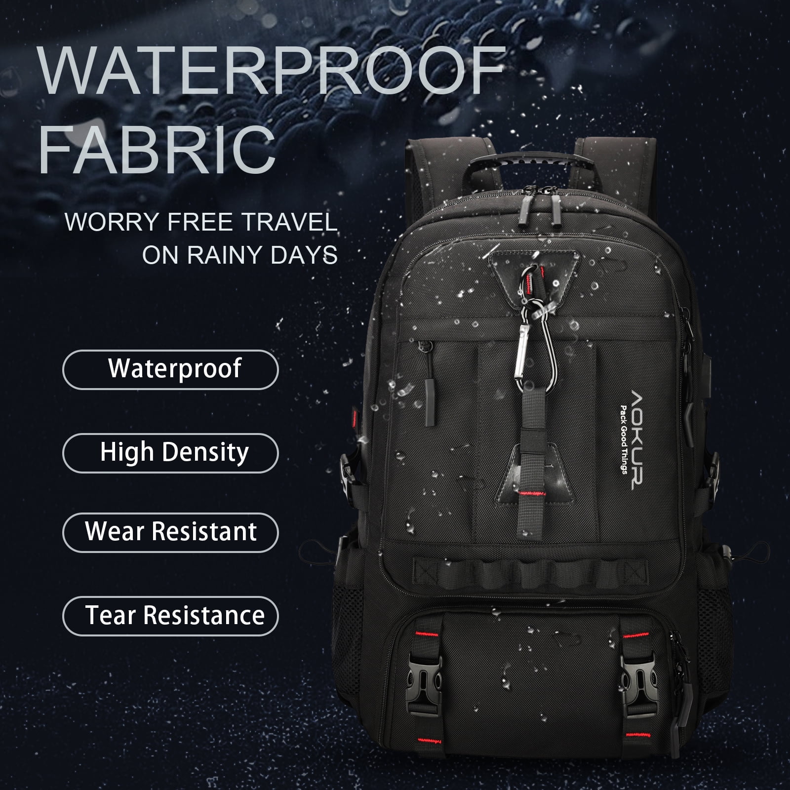 Travel Backpack for Men Women Fits 18.4 inch Laptop with USB Charging Port, Extra Large 55L Expandable Hiking Backpack with Shoes Compartment & Wet Bag, Waterproof, Black - Image 3