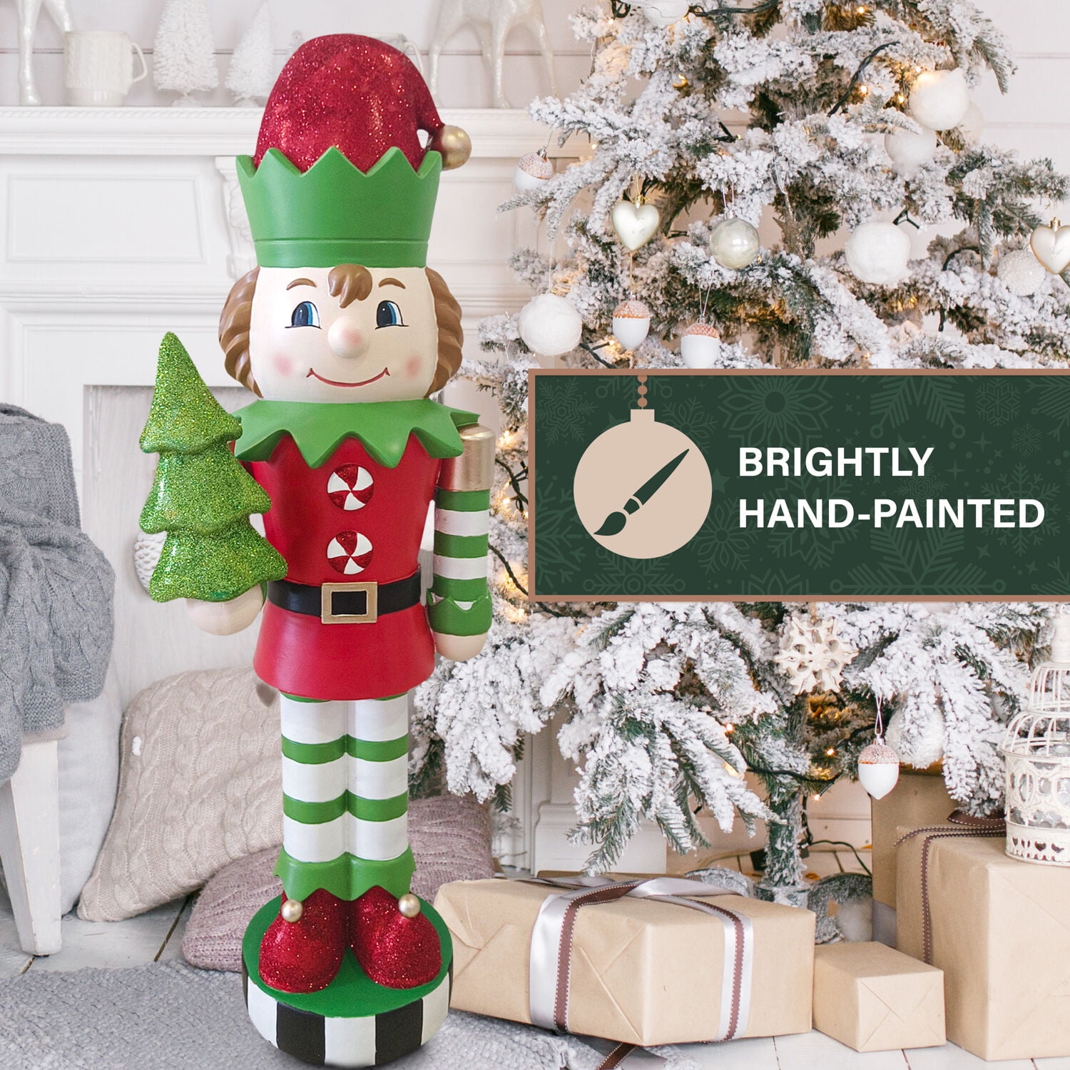 Fraser Hill Farm 48-inch African American Elf Nutcracker Figurine Holding Tree in Red/Green, FFMG048-0ELF-MLTAA - Image 5