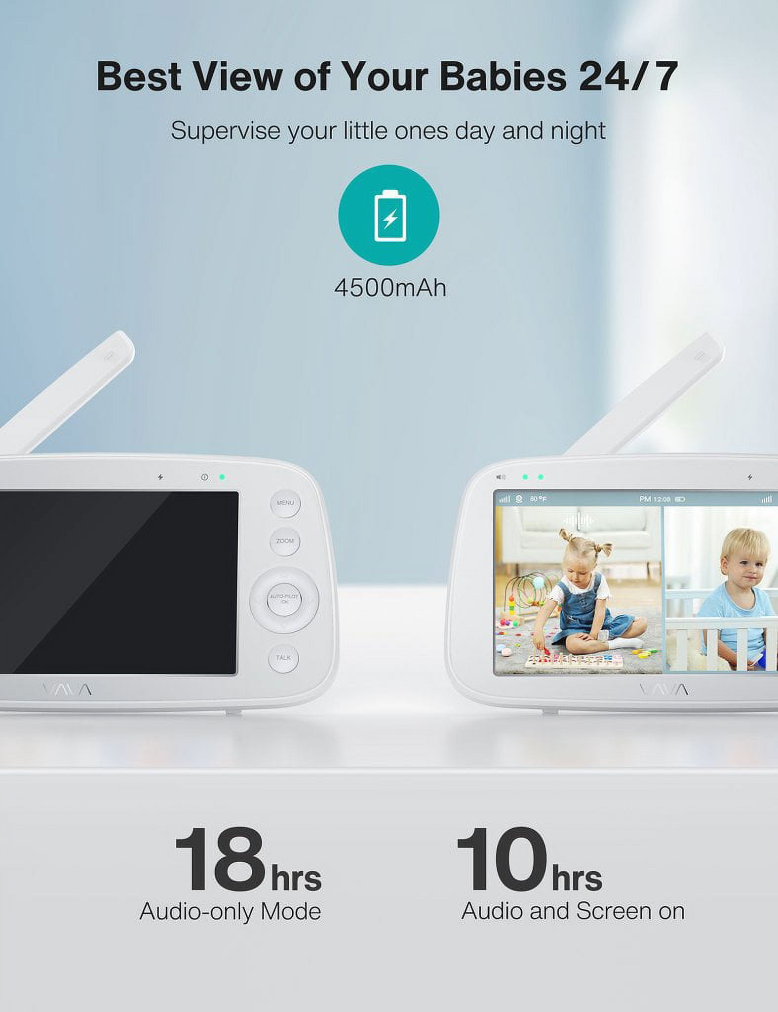 VAVA 5" 720P HD Baby Monitor with 2 Cameras, Night Vision, Zoom/Pan/Tilt, 2-Way Audio, White-New - Image 3