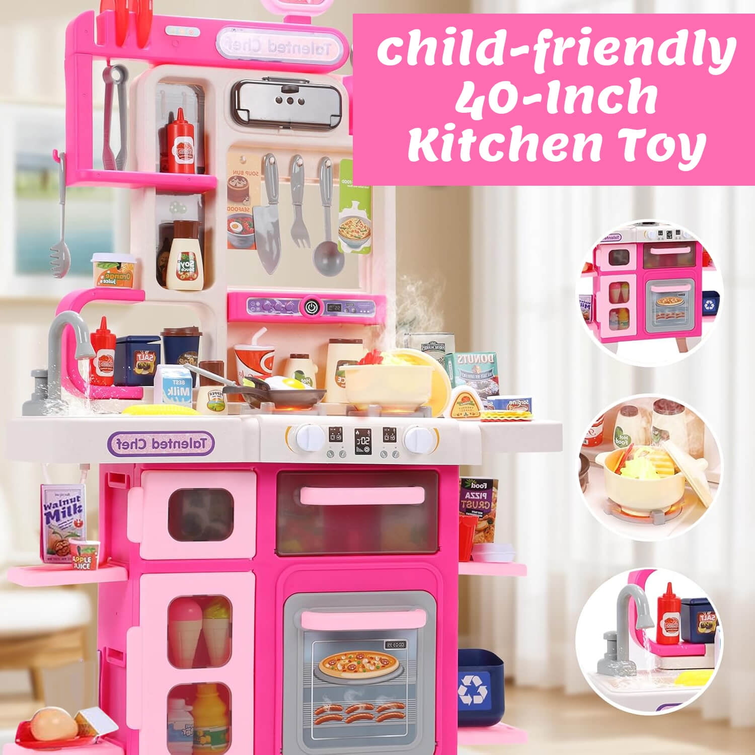 RUVINCE Kids Kitchen Playset, Play Kitchen Set with Sound & Light, Cooking Stove with Steam, Toy Sink,Play Food Toy and Kitchen Accessories for Pretend Play, Kitchen Toy Set for Toddler Girls - Image 7
