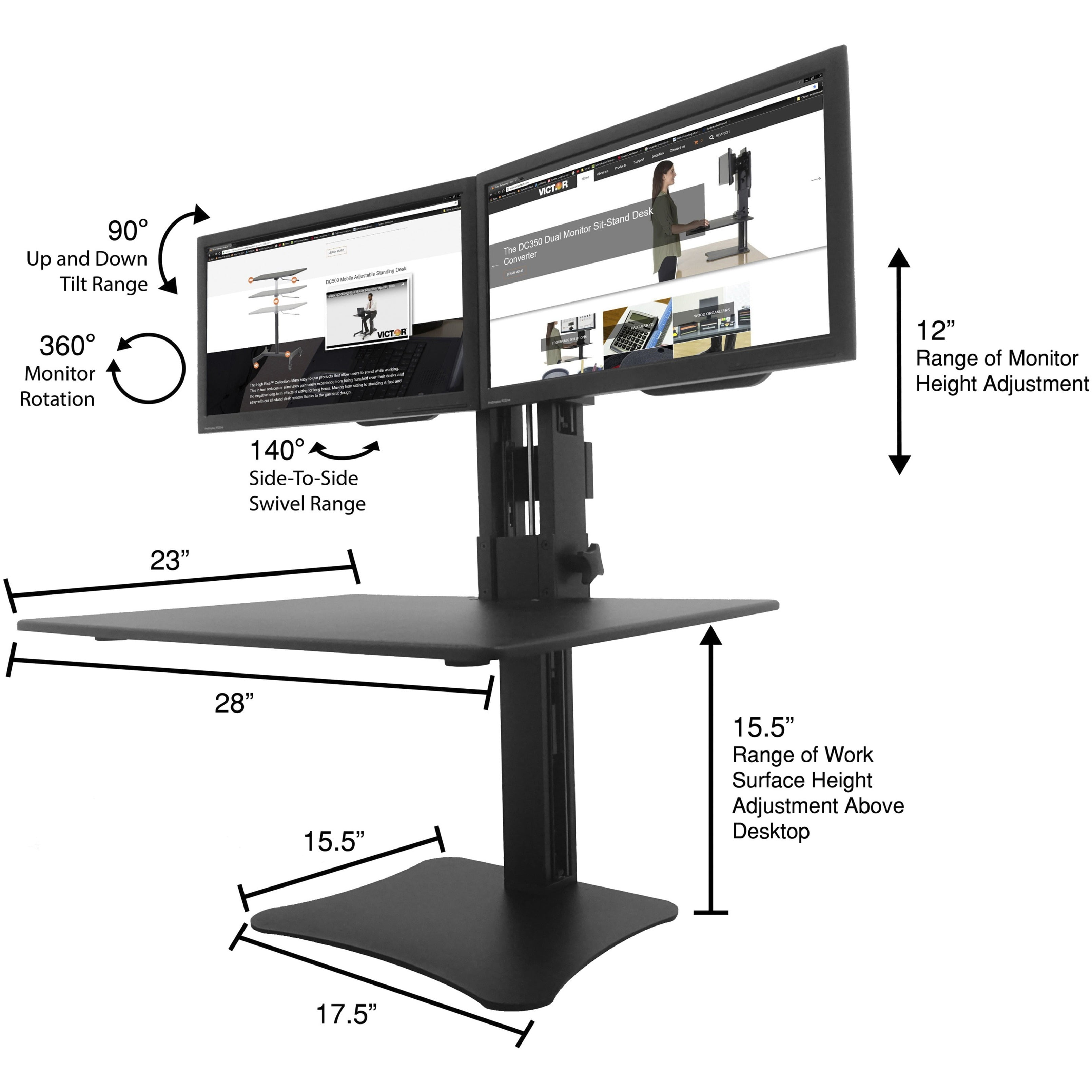 Victor Technology DC350 High Rise™ Collection Dual Monitor Sit-Stand Desk Converter 28 x 23 x 15.5 Blk - Image 13