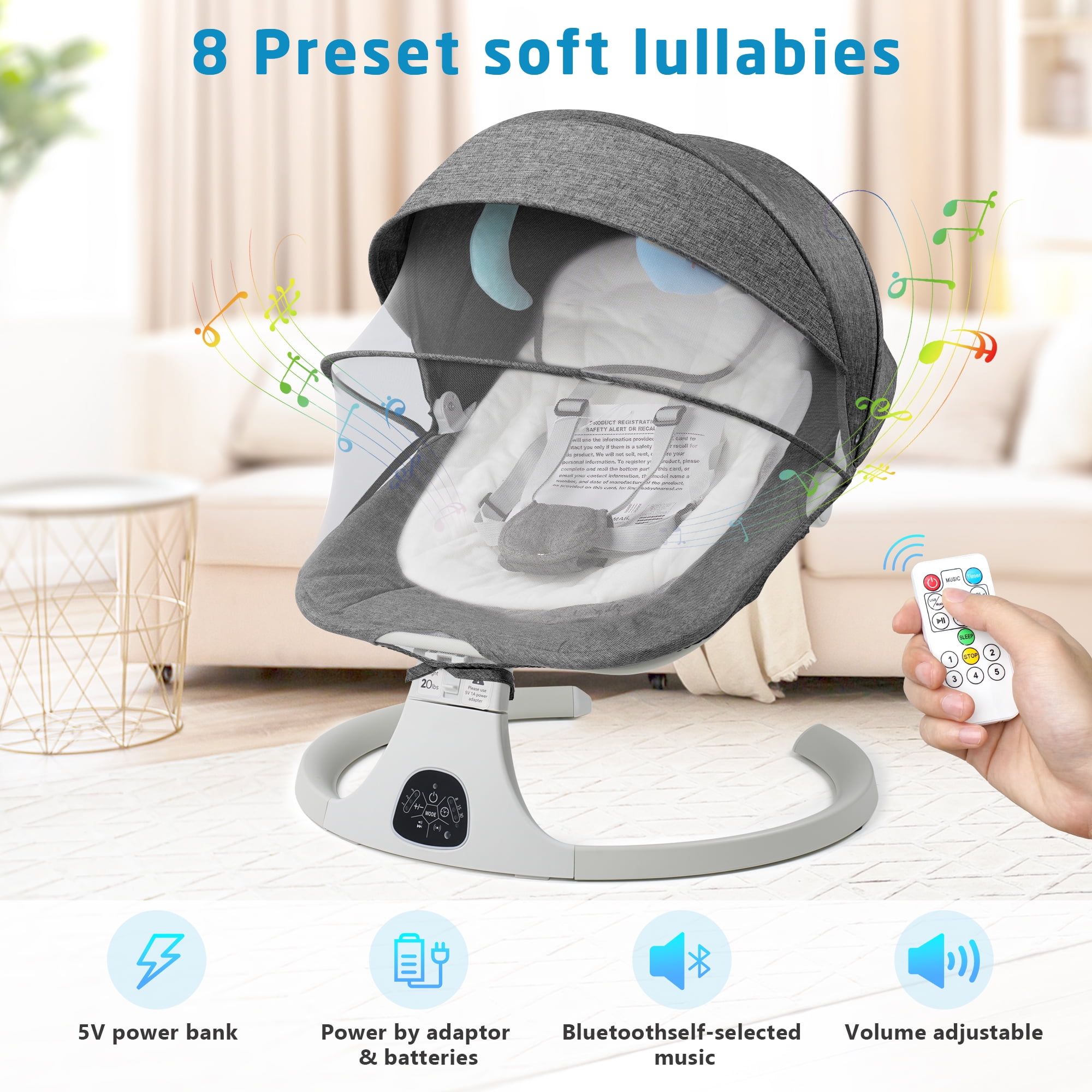 SACVON Baby Swing for Infants, Baby Rocker with 5 Point Harness, Bluetooth Support, 8 Preset Lullabies, 3 Speed Natural, with Remote Control and 2 Hanging Toys, Dark Gray - Image 5