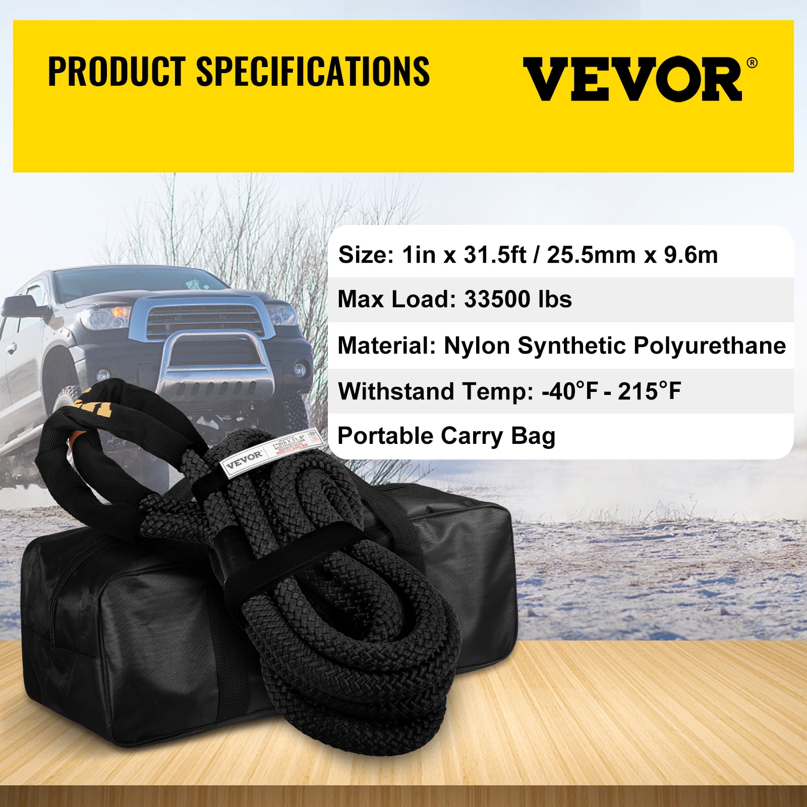 VEVOR 1" x 31.5' Recovery Tow Rope, 33,500 lbs, Heavy Duty Nylon Double Braided Kinetic Energy Rope w/ Loops and Protective Sleeves, for Truck Off-Road Vehicle ATV UTV, Carry Bag Included, Black - Image 4