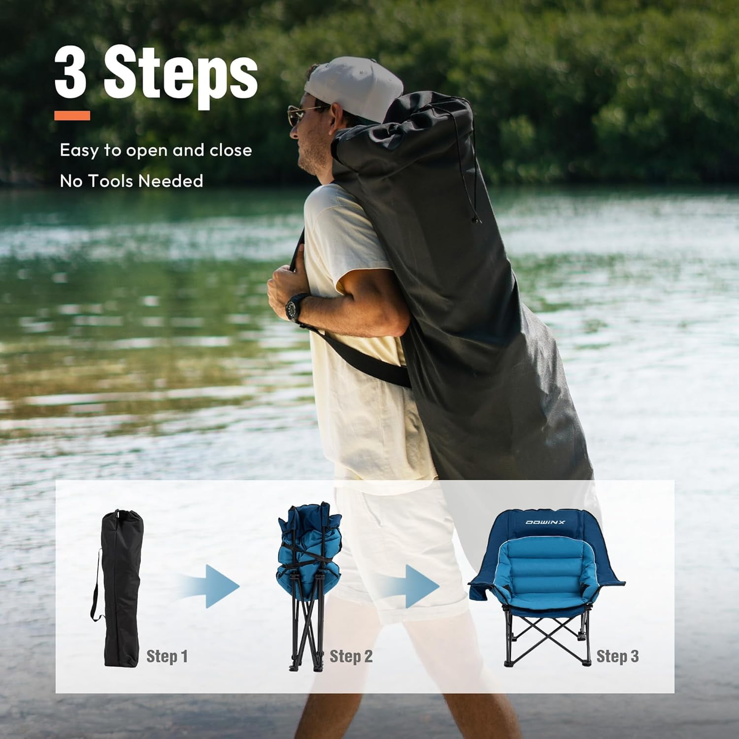 Dowinx Oversized Extra Large Camping Chair for Adults, Lawn Chairs, Folding, 3 levels adjustable Padded Camping Chair, Heavy-Duty 600D Oxford Cloth, with Cup Holder, 400 Pound Capacity, Blue - Image 4